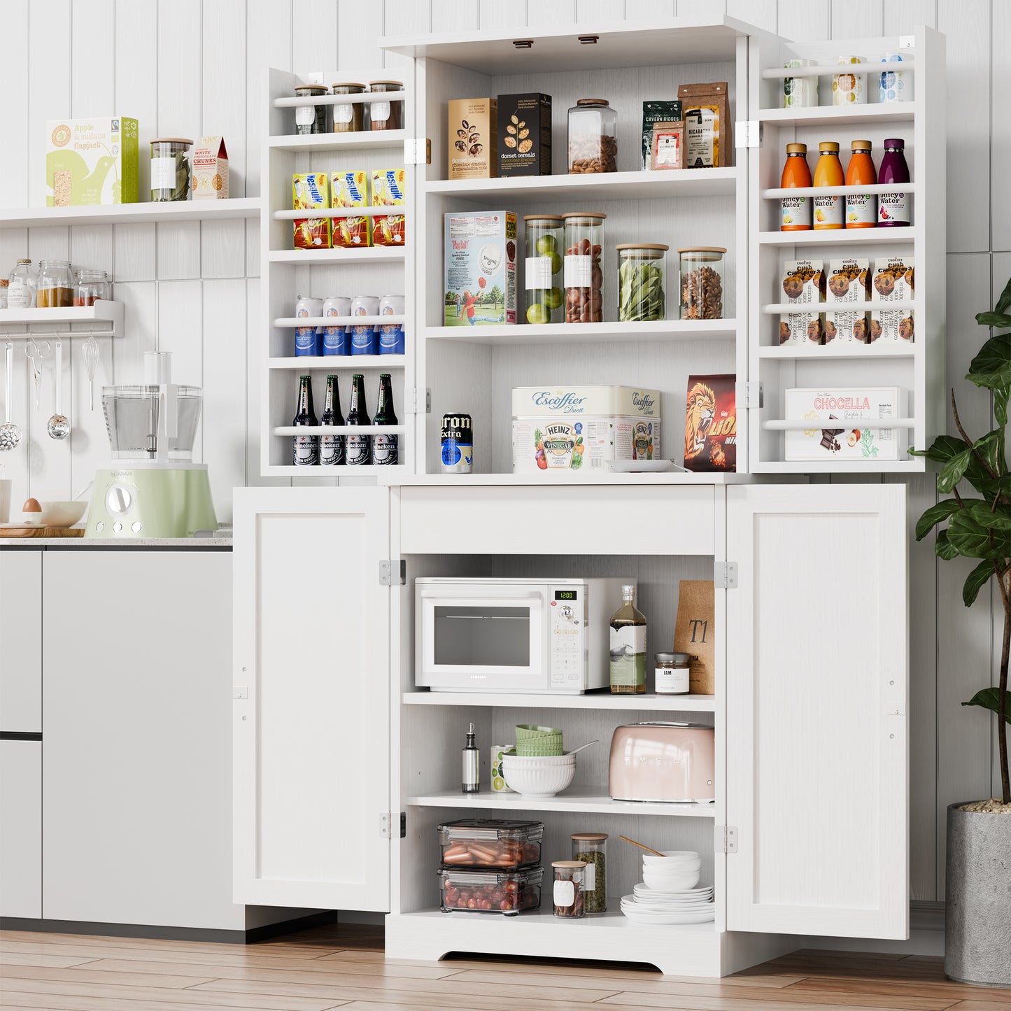 Walsunny 66.7" Tall Kitchen Pantry Cabinet Freestanding Farmhouse Storage Cabinet with 8 Door Shelves, 2 Cabinets and 1 Drawer Tall Cupboard Rustic Brown