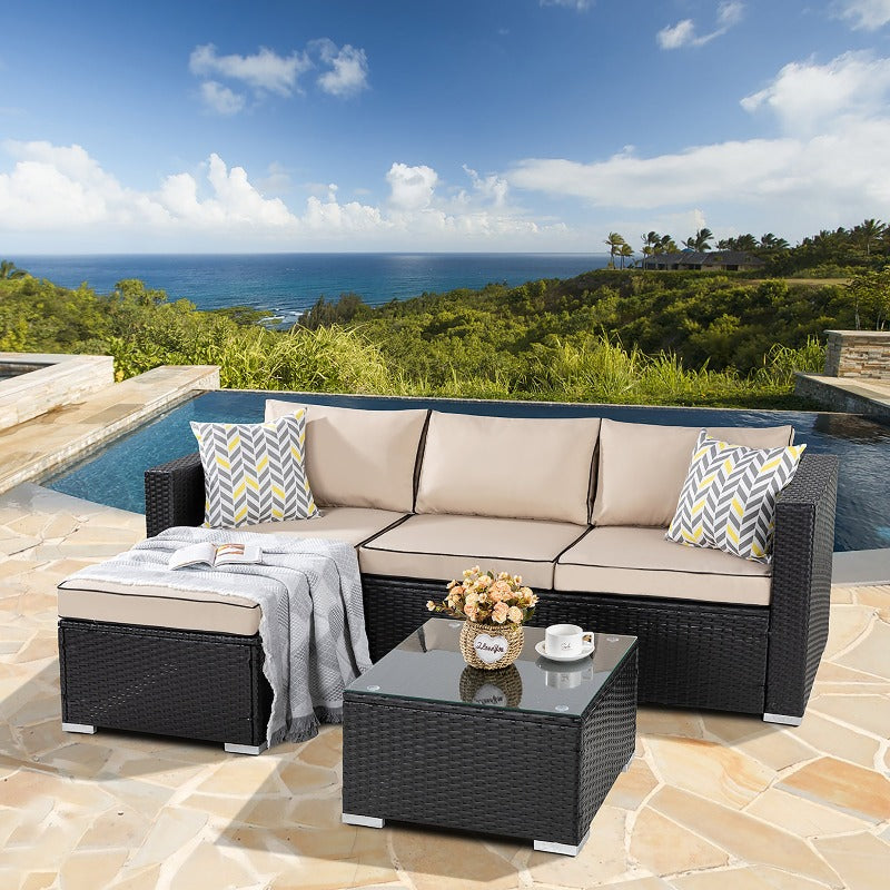 Walsunny Patio Furniture 3 Pieces Outdoor Sectional Sofa Set With Chaise, Black Wicker#color_khaki