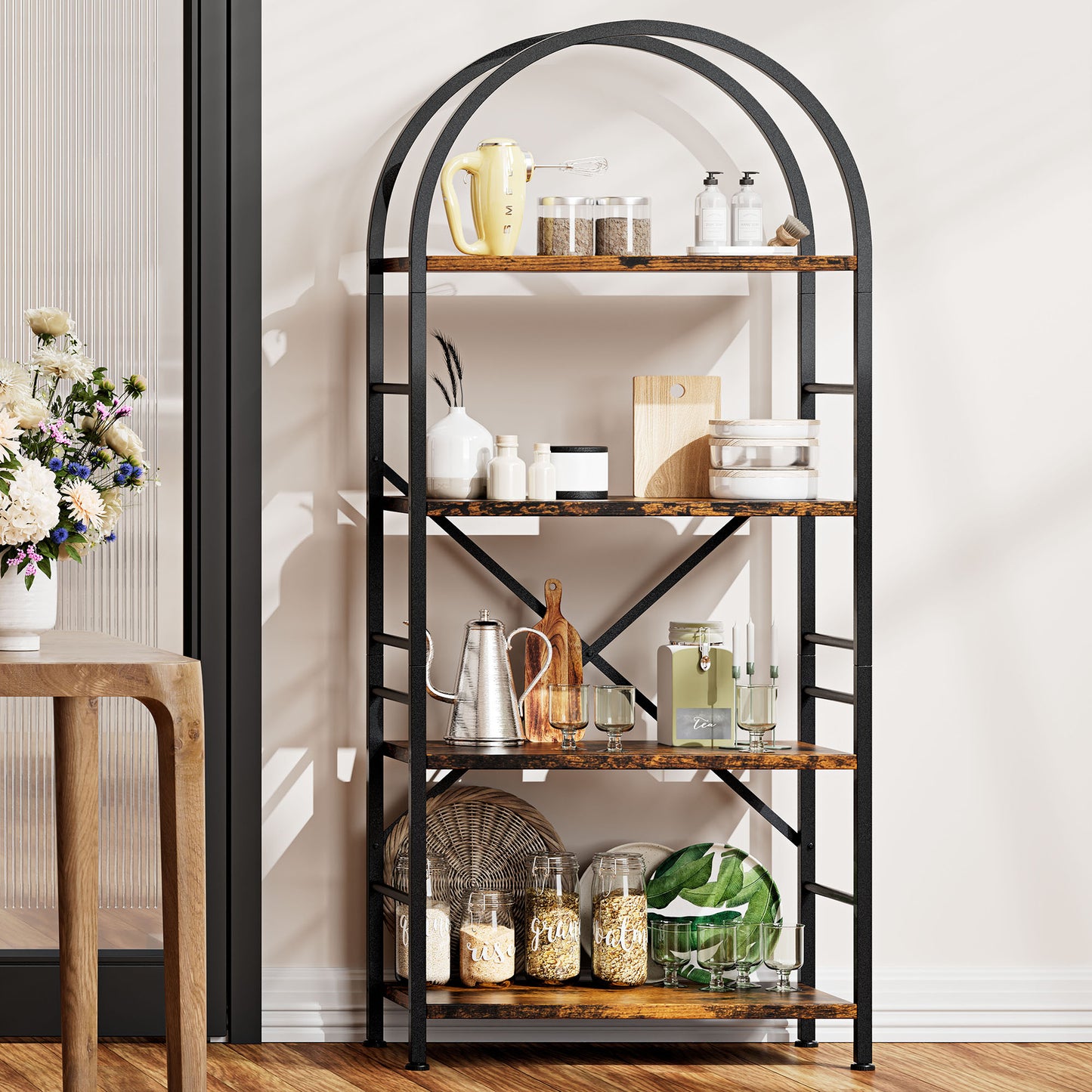 Walsunny 4-Tier Arched Bookshelf Industrial Open Storage Shelf, Display Bookshelves with Metal Frame, Rustic Wood Tall Bookcase for Living Room, Home Office,
