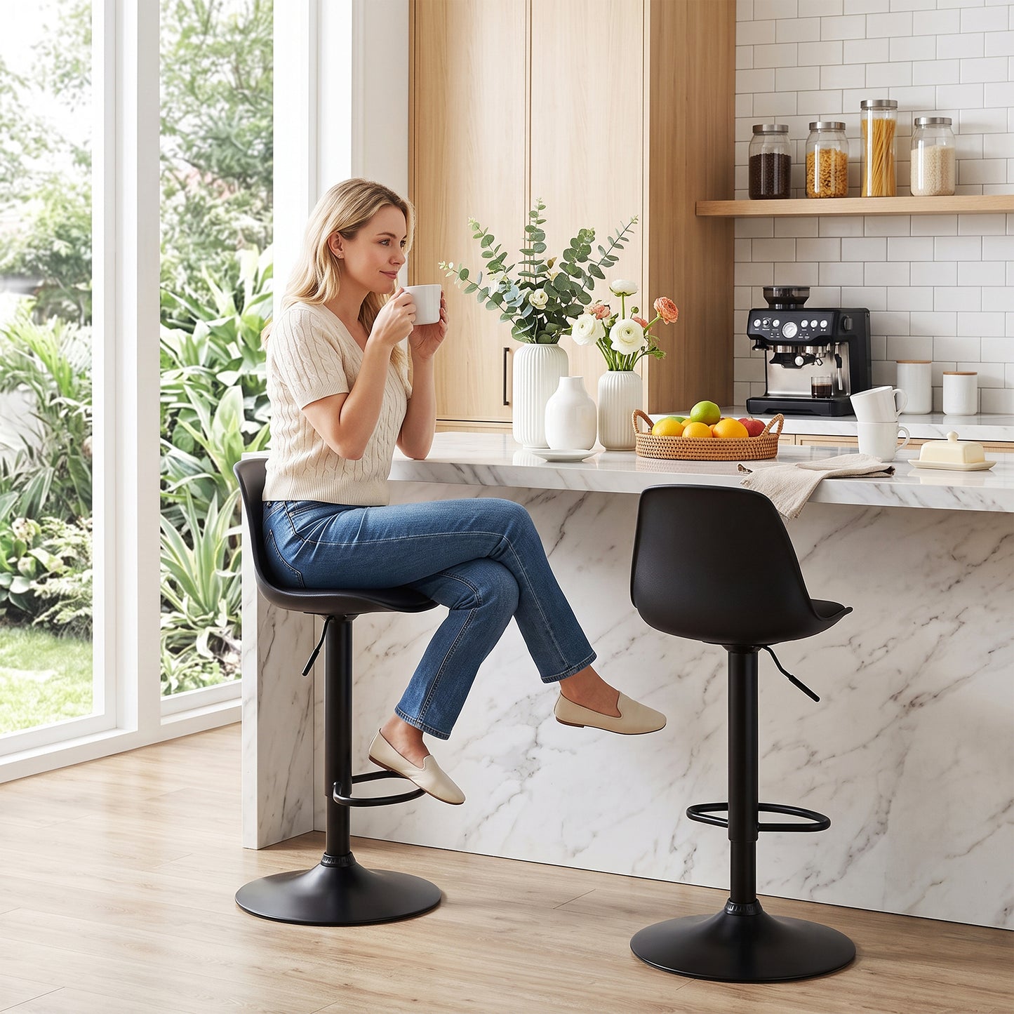 Walsunny Adjustable Bar Stools Set of 2 Counter Height Bar Chairs PU Leather Swivel Bar stools with Back for Kitchen Island Home Black