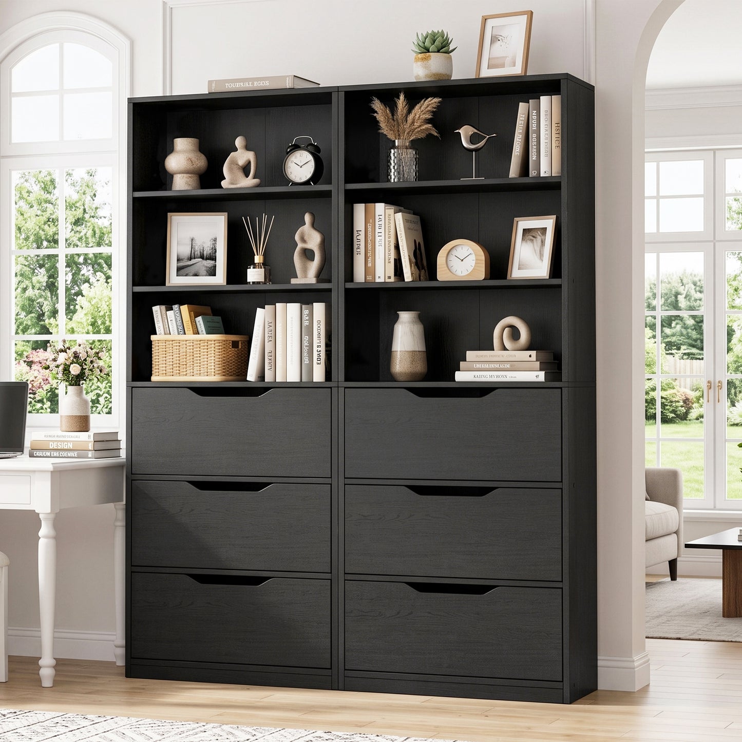 Walsunny Bookshelf with Drawers, 6 Tier H Shaped Bookcase with 3 Open Shelves, Wooden Tall Bookshelf and Bookcase for Living Room
