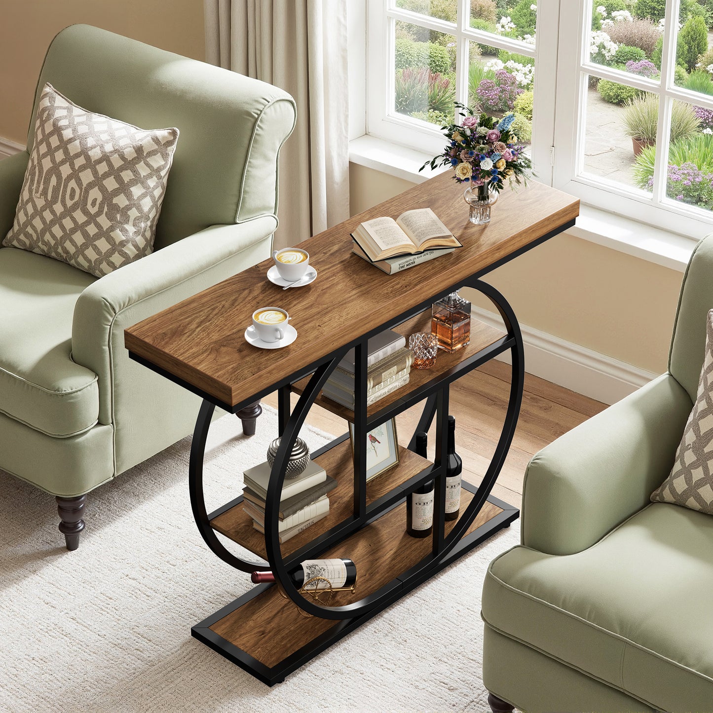 Walsunny Industrial 4-Tier Console Table, Entryway End Table with Circular Metal Frame, Narrow Wood Side Table with Storage Shelves for Living Room, Bedroom
