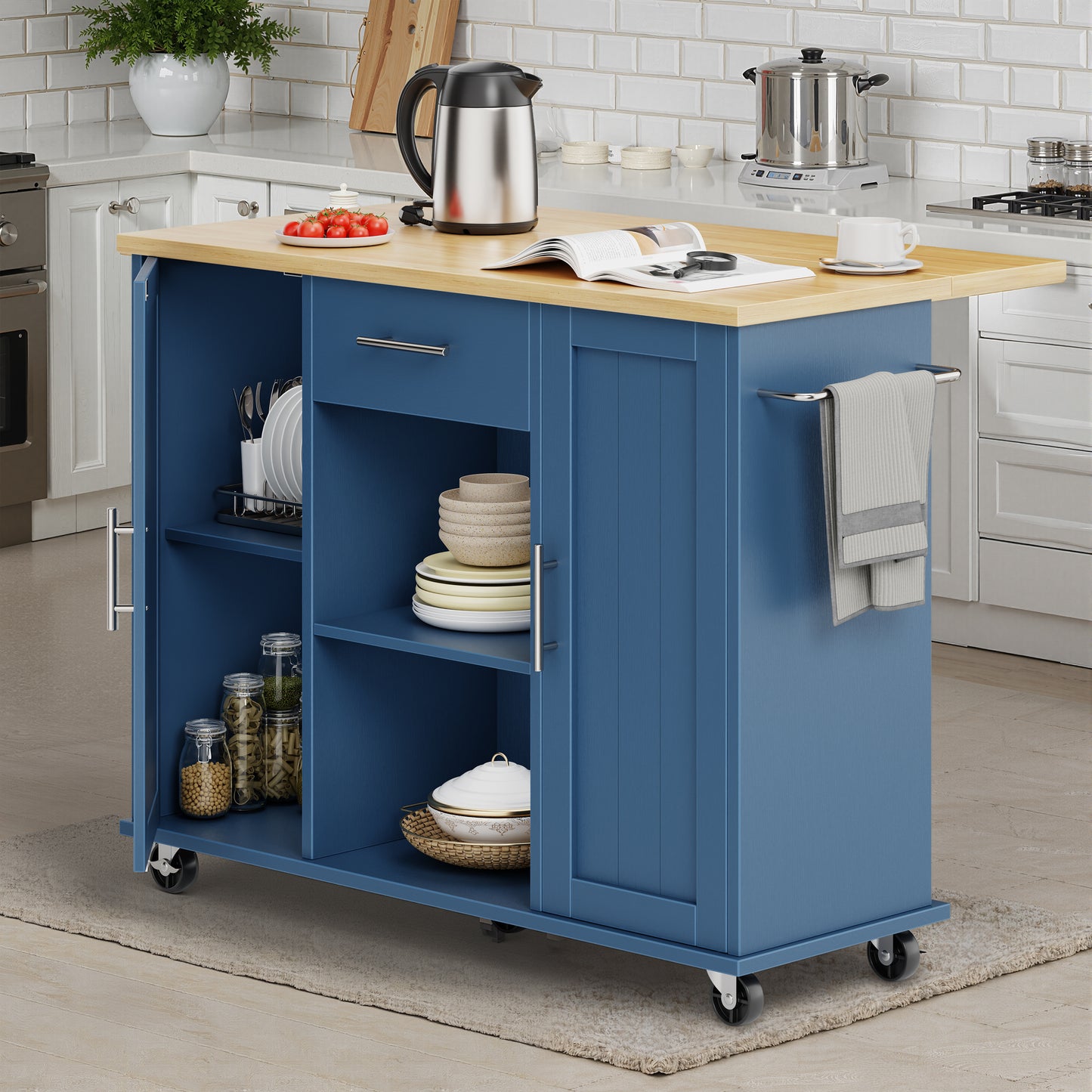 Walsunny Kitchen Islands Carts with Drop Leaf Table 1 Drawer 5 Wheels 2 Magnetic Doors Rolling Storage Cabinet