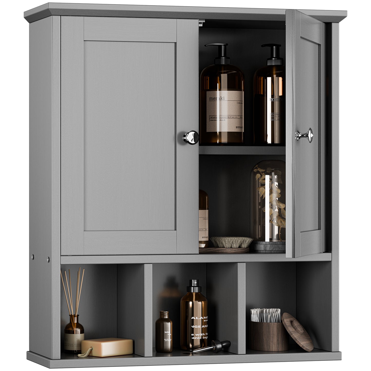 Walsunny Bathroom Medicine Cabinet, Wall-mounted Storage Cabinet with Adjustable Partitions, with 3 Open Shelves for Bedroom Organizer or Laundry