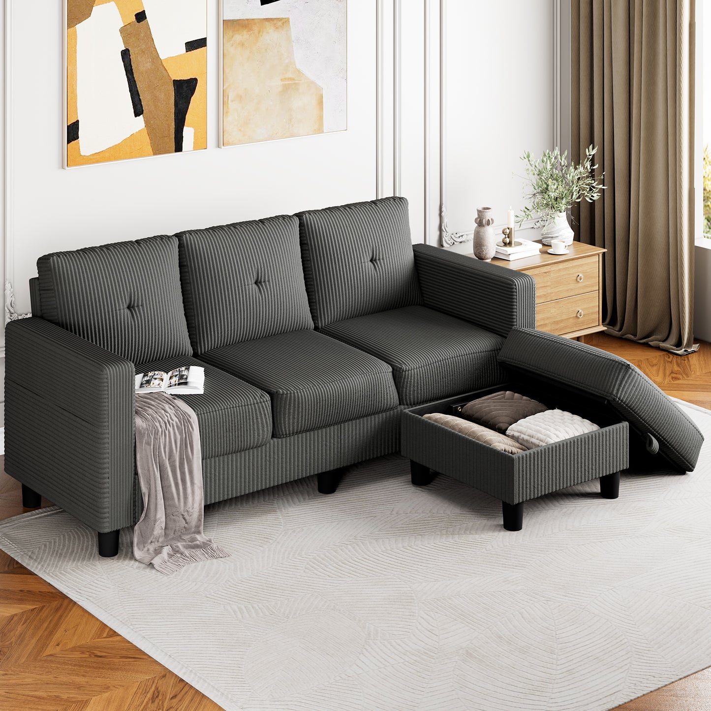 Walsunny 3-Seat L Shaped Modern Sectional Sofa with Storage Ottoman and Side Pockets US80