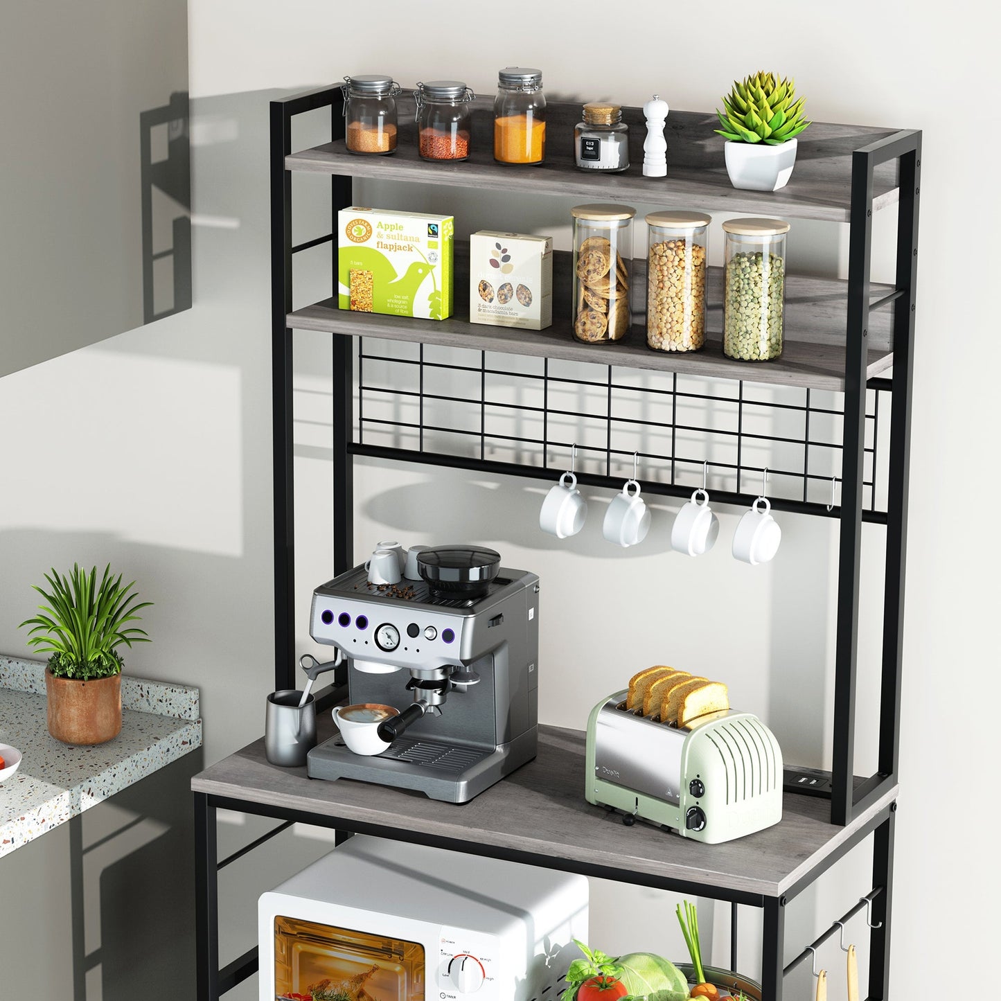 Walsunny Kitchen Bakers Rack with Power Outlet, Coffee Bar Table 3Tiers （Clearance）