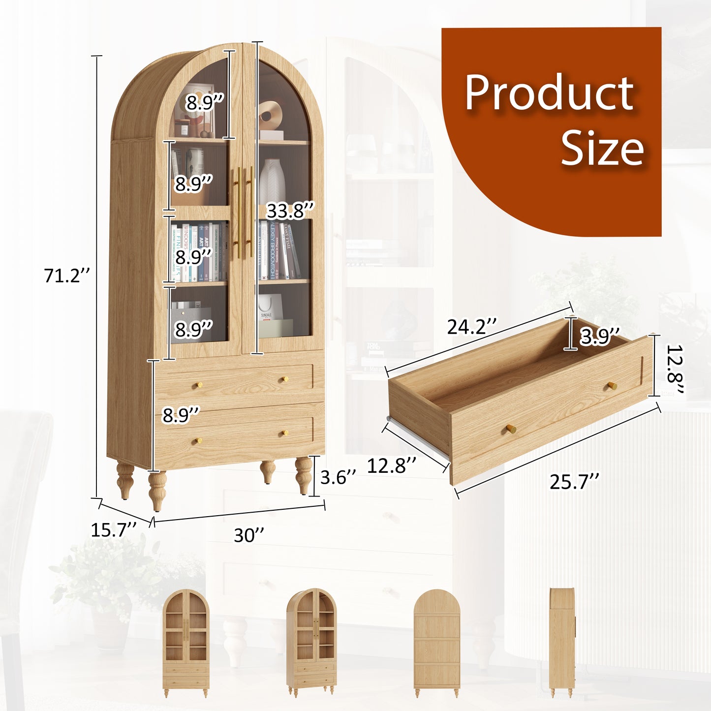 Walsunny 70"Tall Arched Kitchen Pantry,Storage Cabinet with Glass Doors and Adjustable Shelves,Freestanding Kitchen Hutch Cabinet for Dining Room,Living Room,Reading Room