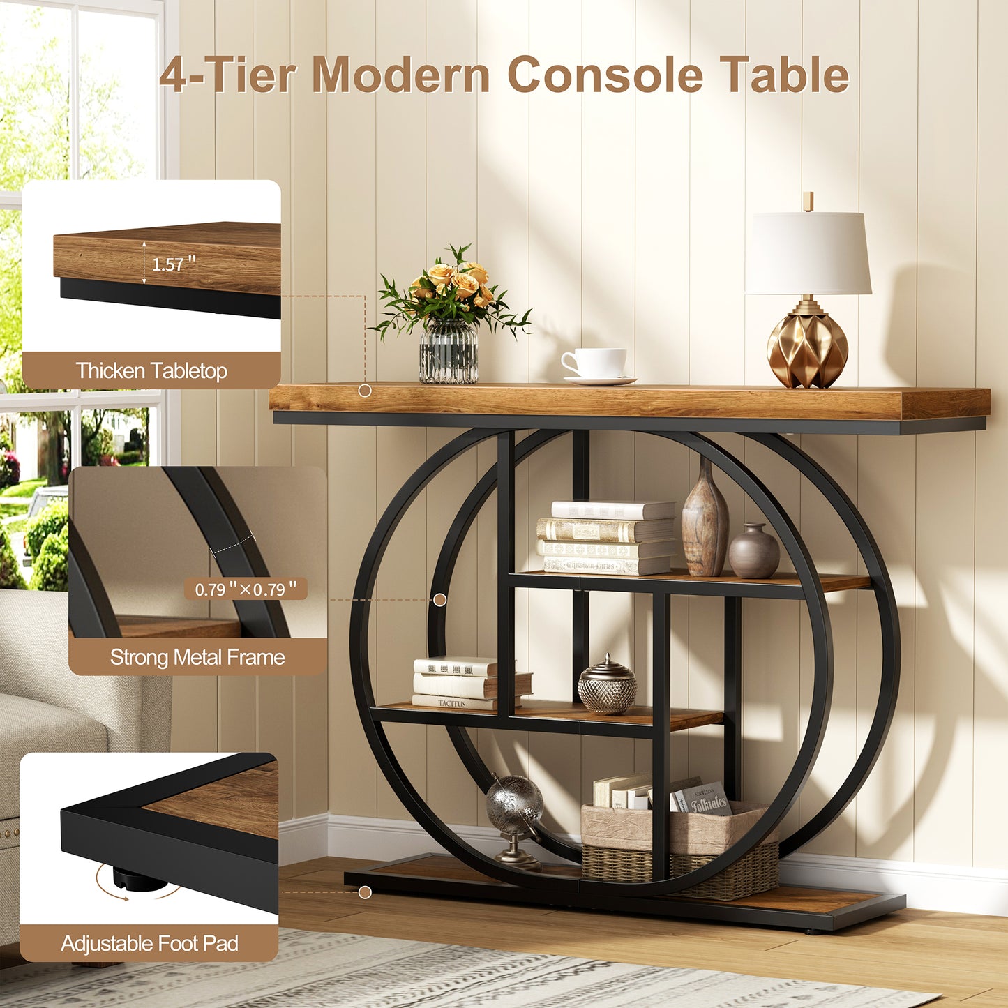 Walsunny Industrial 4-Tier Console Table, Entryway End Table with Circular Metal Frame, Narrow Wood Side Table with Storage Shelves for Living Room, Bedroom
