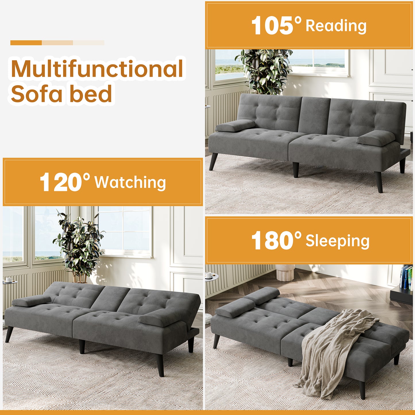 Walsunny Convertible Futon Sofa Bed, Foldable Futon Sleeper Sofa Bed with 2 Cup Holders, Folding Loveseat Recliner with 3-Angle Adjustment Modern Couch for Living Room, Small Space
