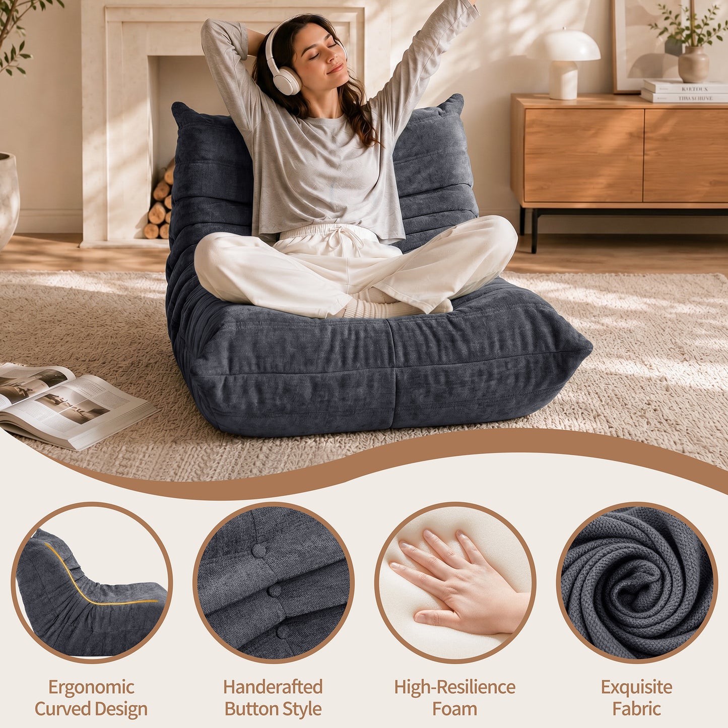 Walsunny Bean Bag Chair Memory Foam Bean Bag Sofa, Caterpillar Sofa, Lazy Sofa Chair Floor Sofa Couch Single Lounge Chair for Living Room, Bedroom, Office, Dorm, Black