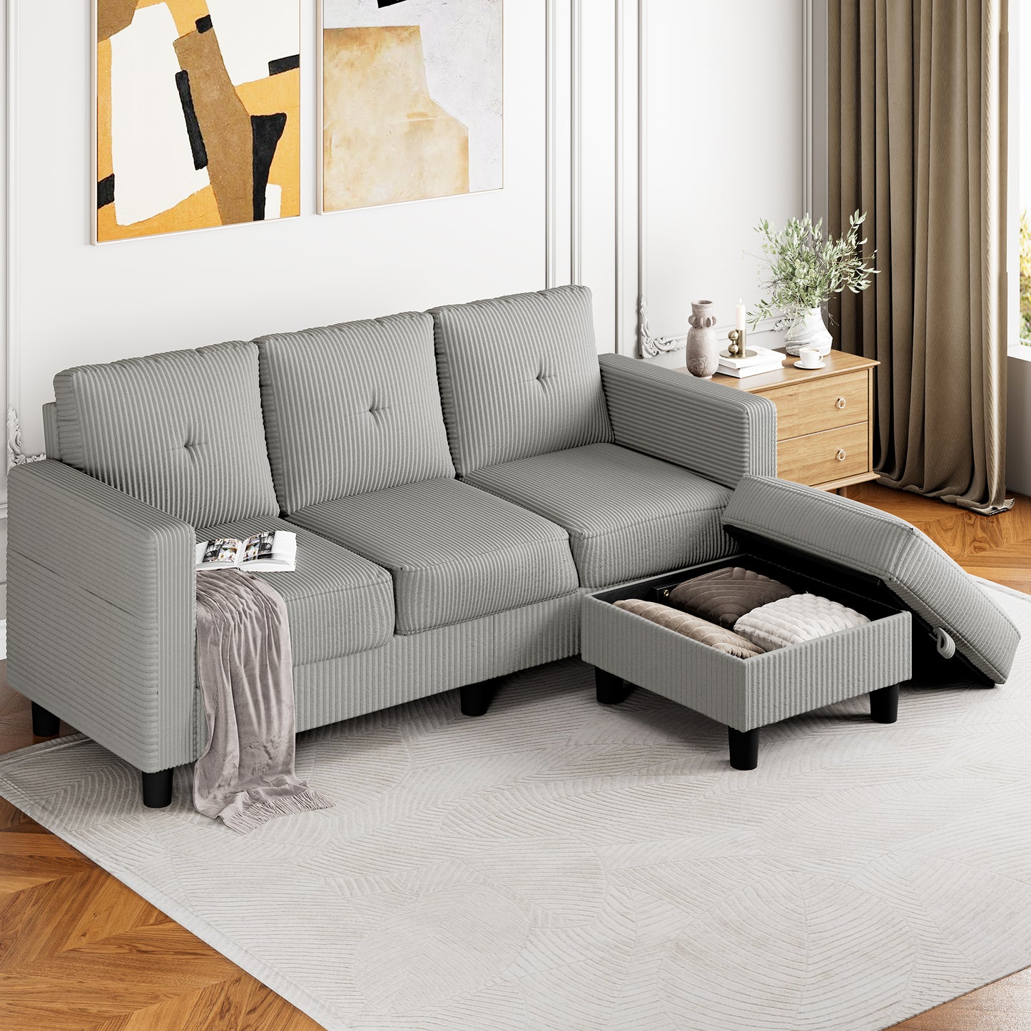 Walsunny 3-Seat L Shaped Modern Sectional Sofa with Storage Ottoman and Side Pockets US80