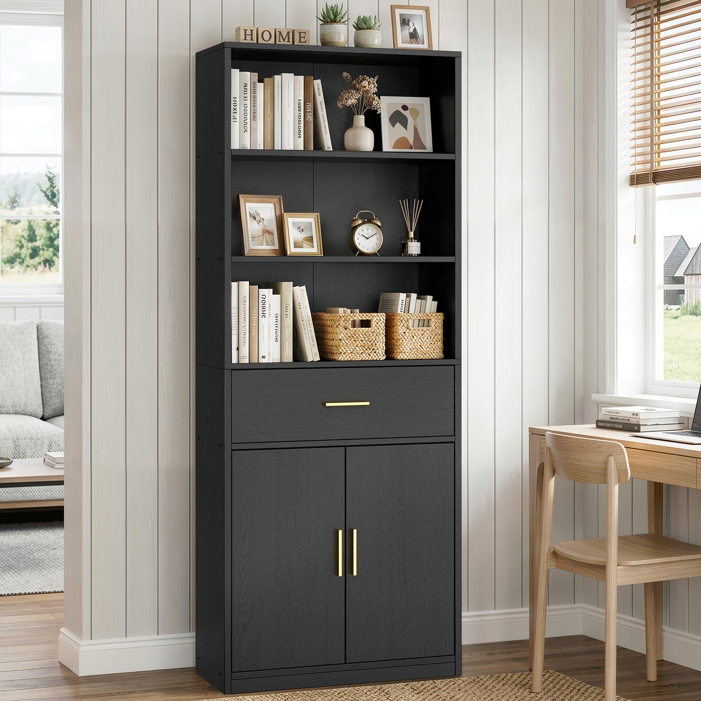 Walsunny Bookshelf with Doors & Drawers, 6-tier Farmhouse Bookcase with Drawer, 71” Floor Standing Bookshelf with Door for Living Room Office