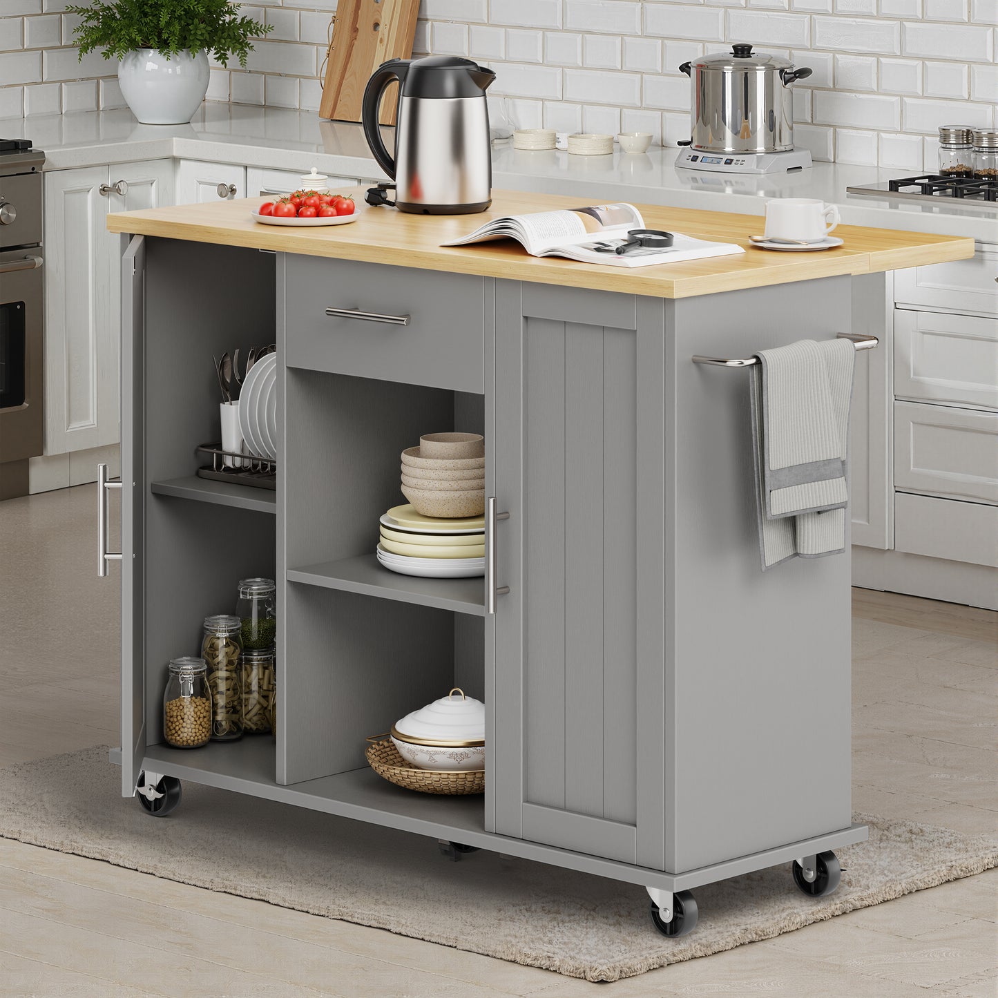 Walsunny Kitchen Islands Carts with Drop Leaf Table 1 Drawer 5 Wheels 2 Magnetic Doors Rolling Storage Cabinet