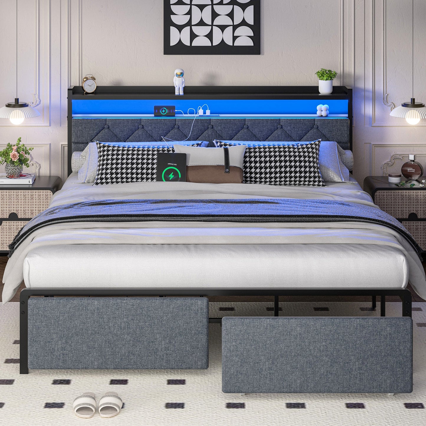 Walsunny Bed Frame with Led Light and Drawers Metal Platform Bed with Button Tufted Headboard Strong Metal Slats