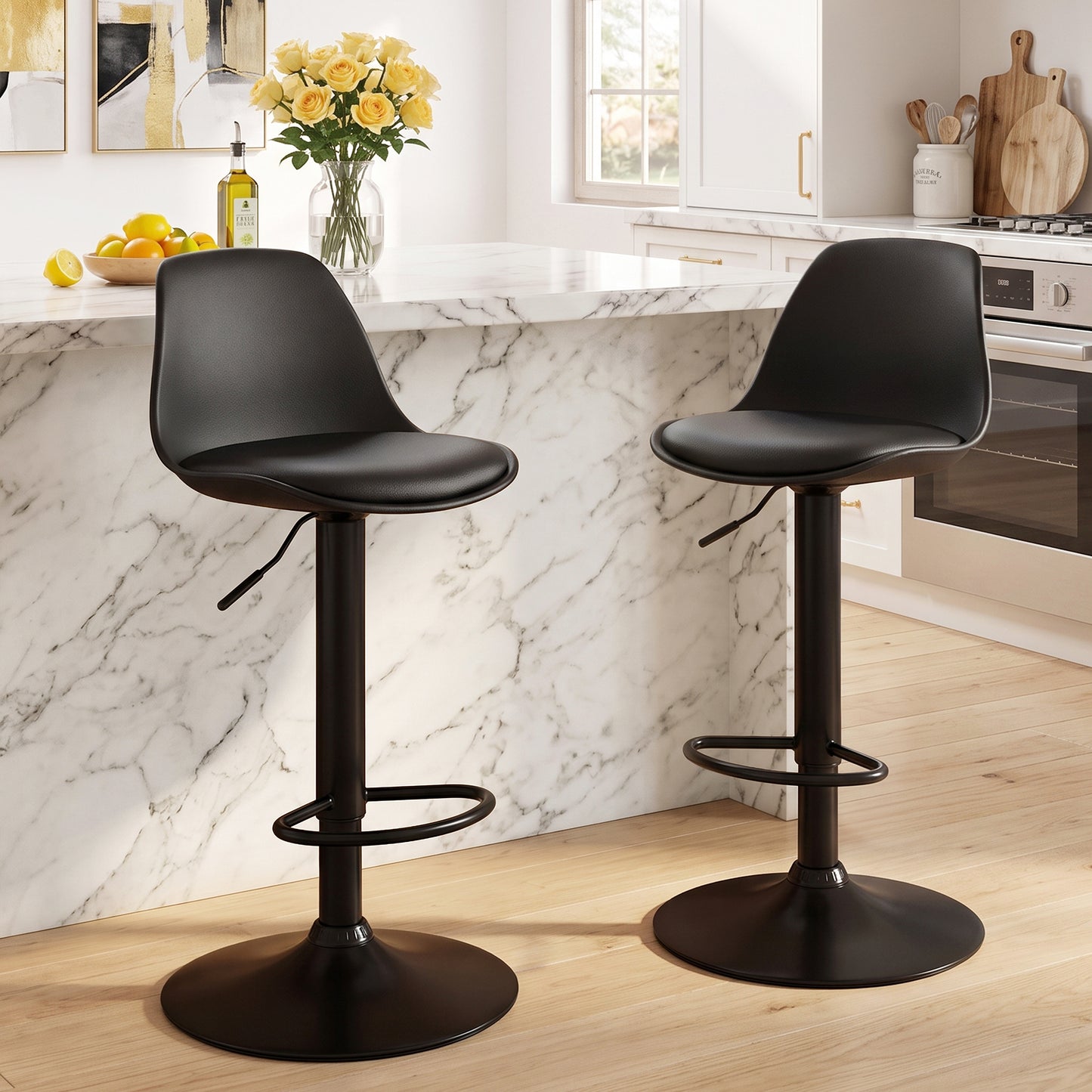 Walsunny Adjustable Bar Stools Set of 2 Counter Height Bar Chairs PU Leather Swivel Bar stools with Back for Kitchen Island Home Black