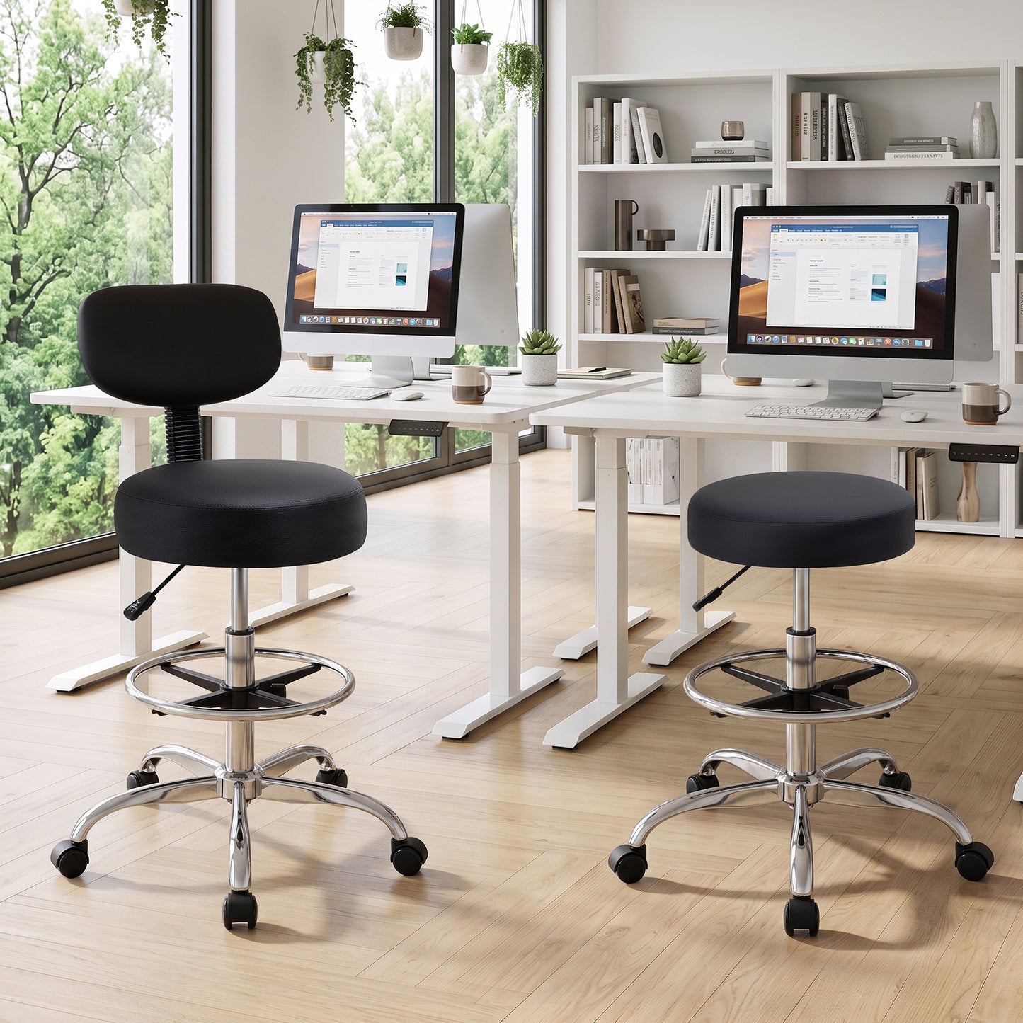 Walsunny Drafting Office Chair with Low Back, Swivel Draft Rolling Stool with Footrest, Armless PU Leather Desk Chair, Adjustable Height, Black