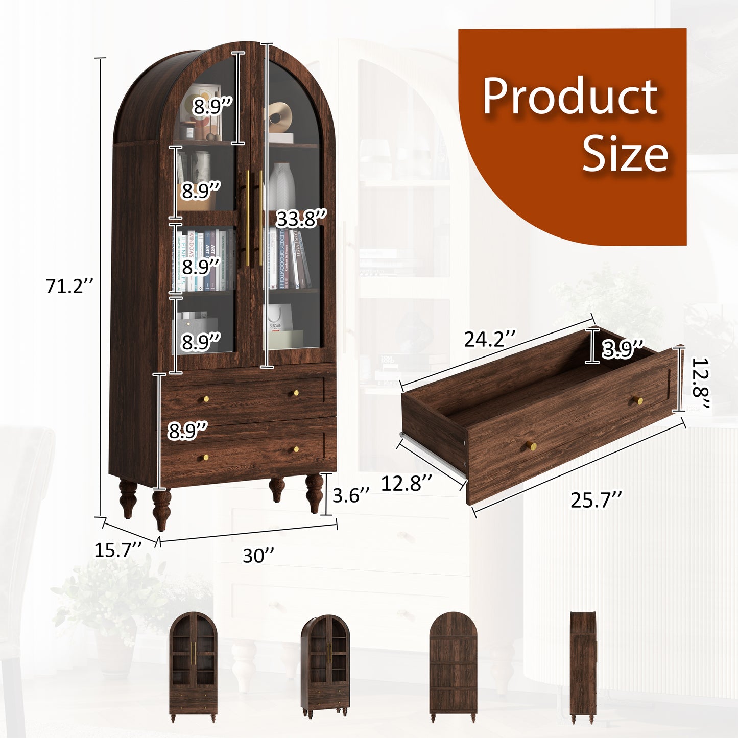Walsunny 70"Tall Arched Kitchen Pantry,Storage Cabinet with Glass Doors and Adjustable Shelves,Freestanding Kitchen Hutch Cabinet for Dining Room,Living Room,Reading Room