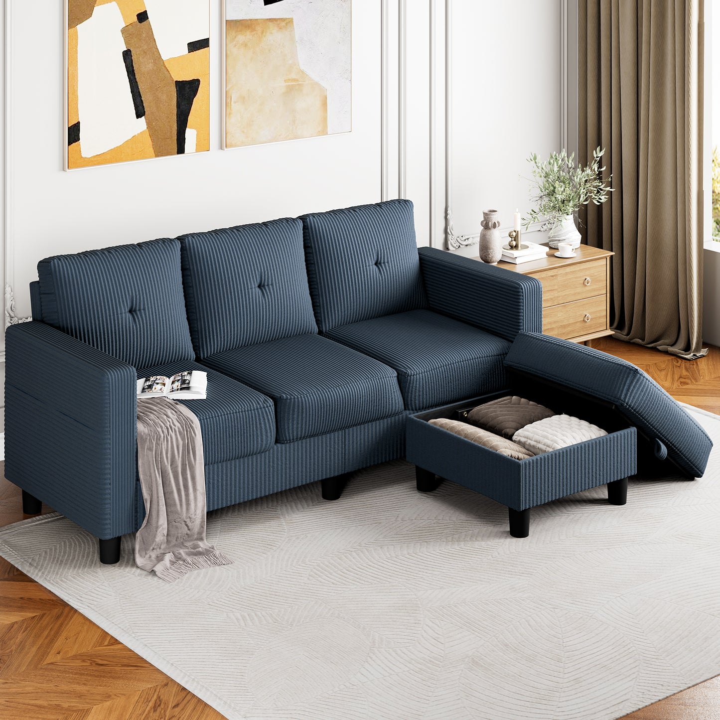 Walsunny 3-Seat L Shaped Modern Sectional Sofa with Storage Ottoman and Side Pockets US80