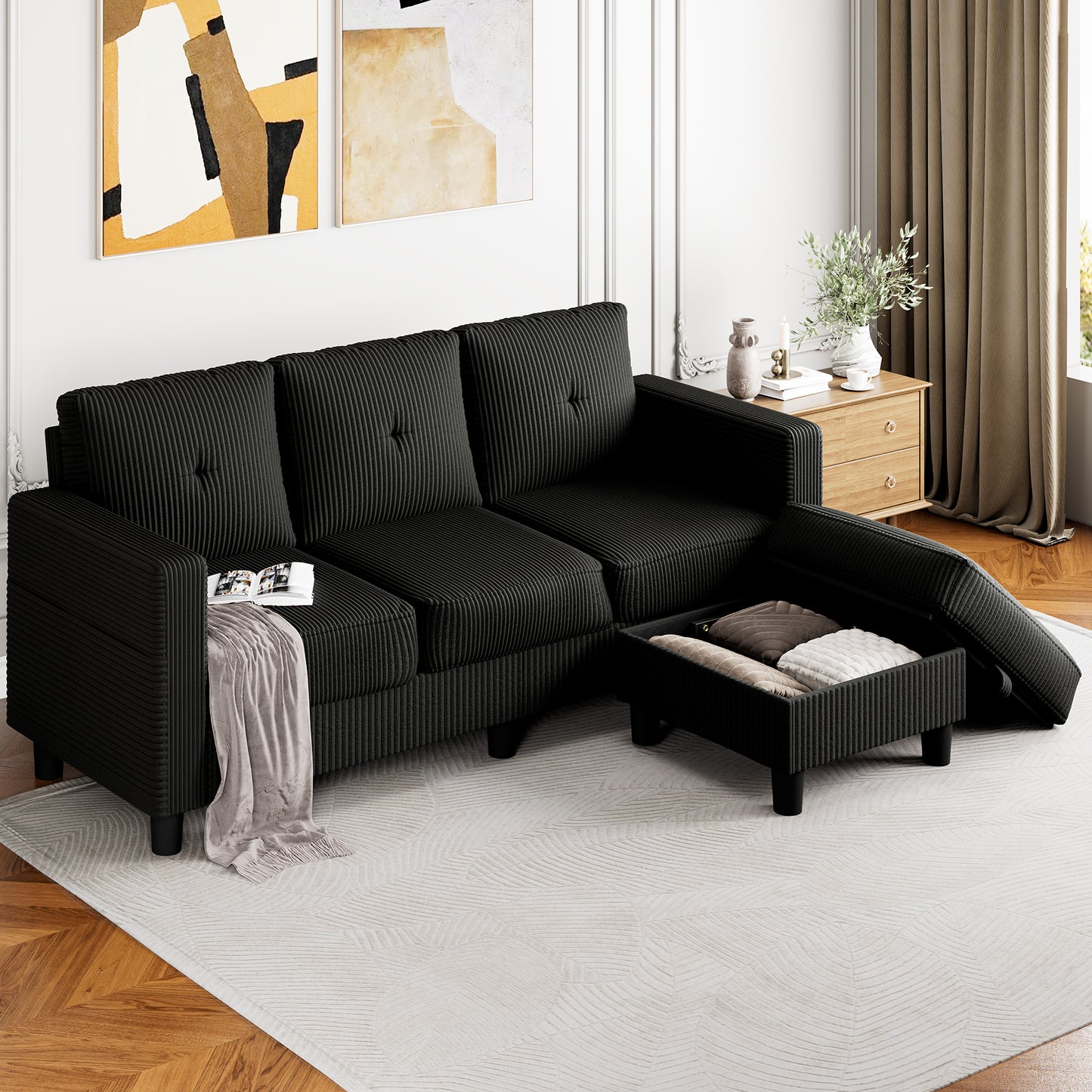 Walsunny 3-Seat L Shaped Modern Sectional Sofa with Storage Ottoman and Side Pockets US80