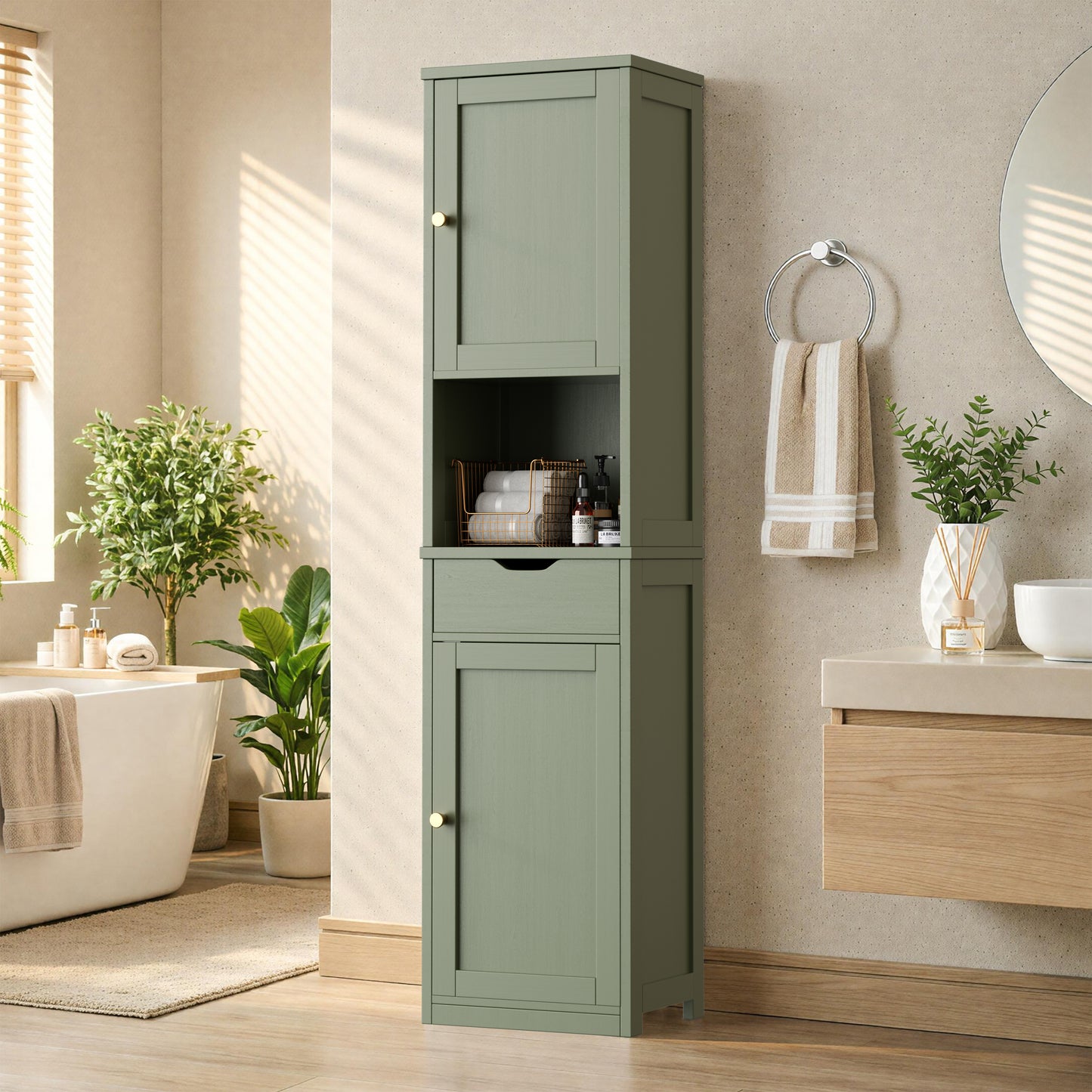 Walsunny Tall Kitchen Storage Pantry Cabinet, 64H Freestanding Bathroom Storage Cabinet, Narrow Cabinet with Adjustable Shelves, Open compartments for Small Spaces, Bathroom, Living Room