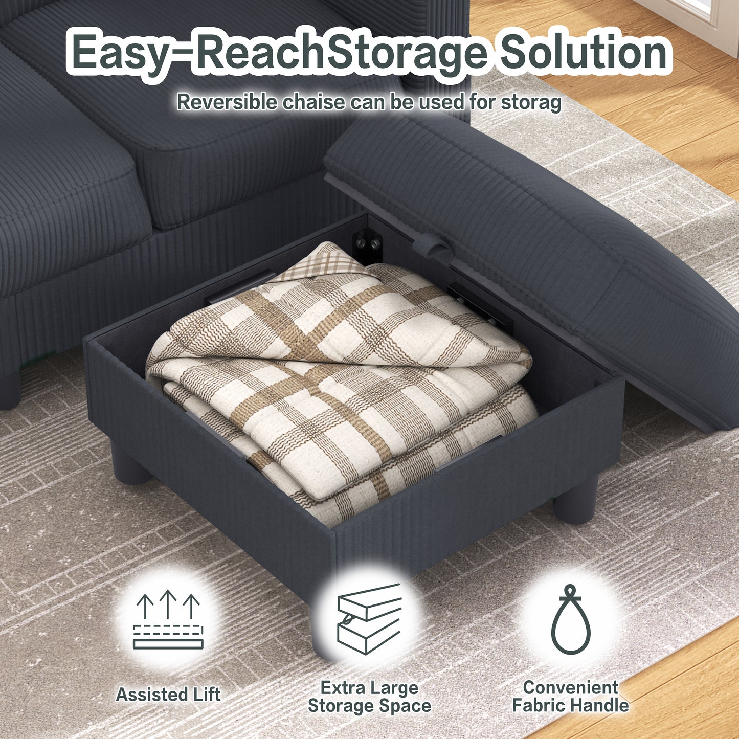 Walsunny 3-Seat L Shaped Modern Sectional Sofa with Storage Ottoman and Side Pockets US80