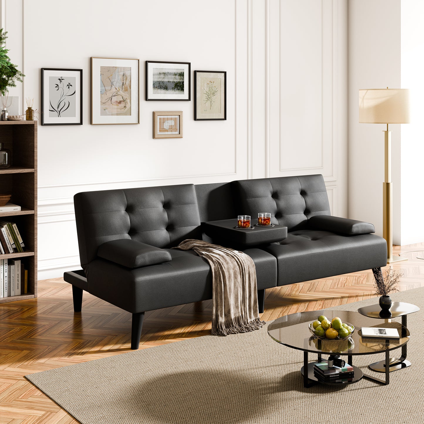 Walsunny 64" Sofa Bed Futon Couches, Folding Loveseat Recliner with 3-Angle Adjustment, Removable Arms 2 Cup Holders for Small Spaces,Gray