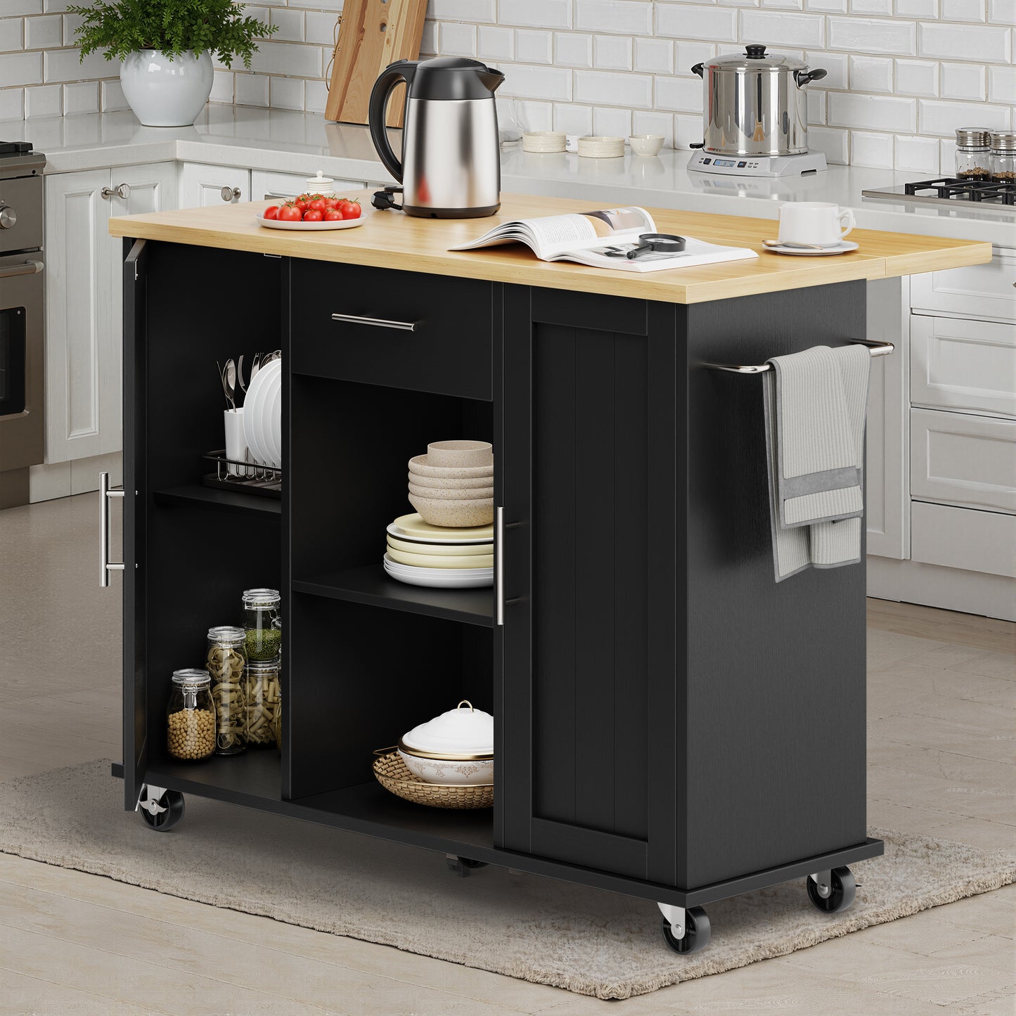 Walsunny Kitchen Islands Carts with Drop Leaf Table 1 Drawer 5 Wheels 2 Magnetic Doors Rolling Storage Cabinet