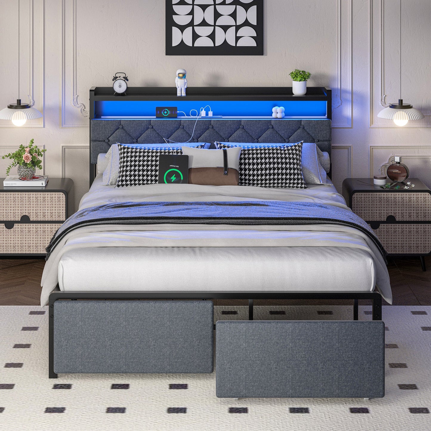 Walsunny Bed Frame with Led Light and Drawers Metal Platform Bed with Button Tufted Headboard Strong Metal Slats
