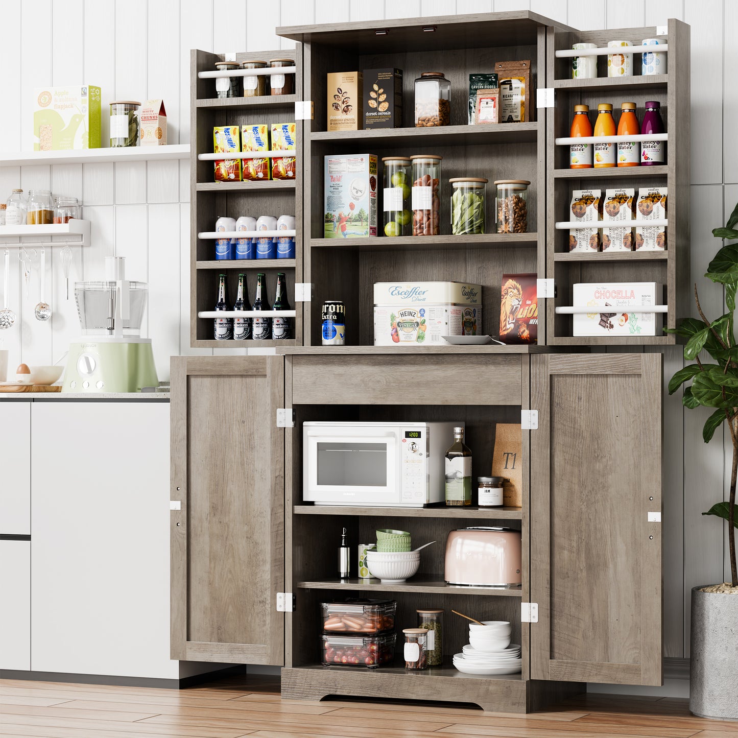Walsunny 66.7" Tall Kitchen Pantry Cabinet Freestanding Farmhouse Storage Cabinet with 8 Door Shelves, 2 Cabinets and 1 Drawer Tall Cupboard Rustic Brown