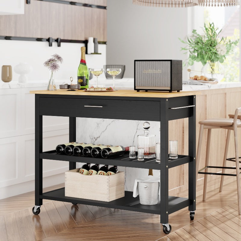 Walsunny 40‘’ Kitchen Island Storage & Bar Cart with Solid Wood Top#color_black