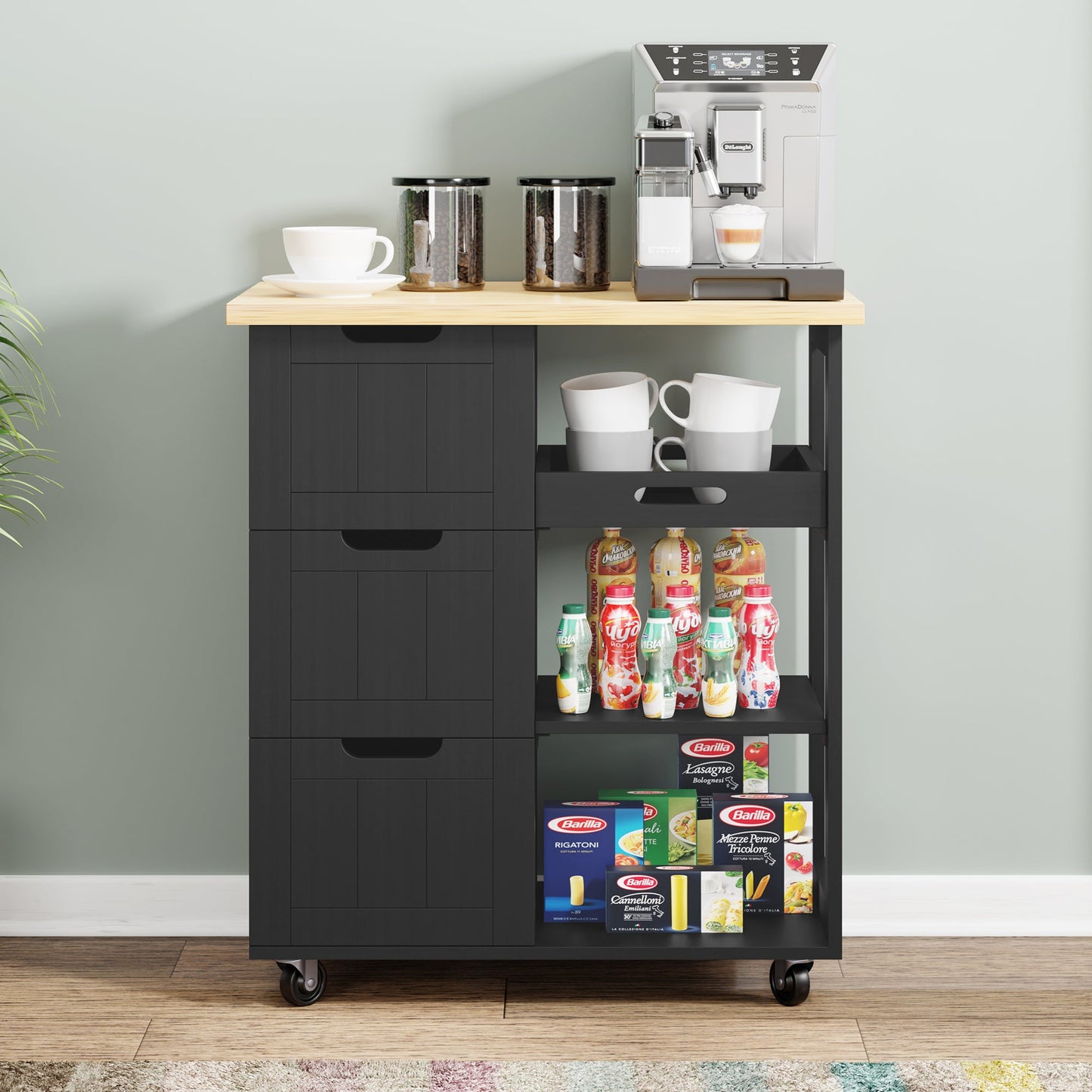 Walsunny 26.57‘’ Rolling Kitchen Island Storage & Bar Cart with Solid Wood Top#color_black