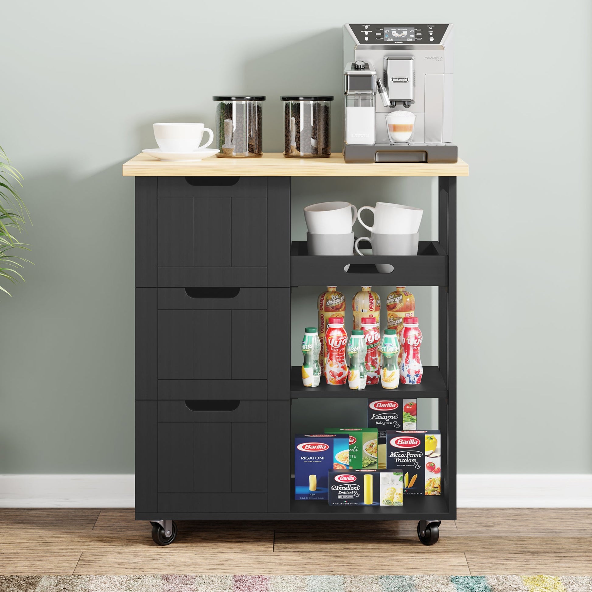 Walsunny 26.57‘’ Rolling Kitchen Island Storage & Bar Cart with Solid Wood Top#color_black