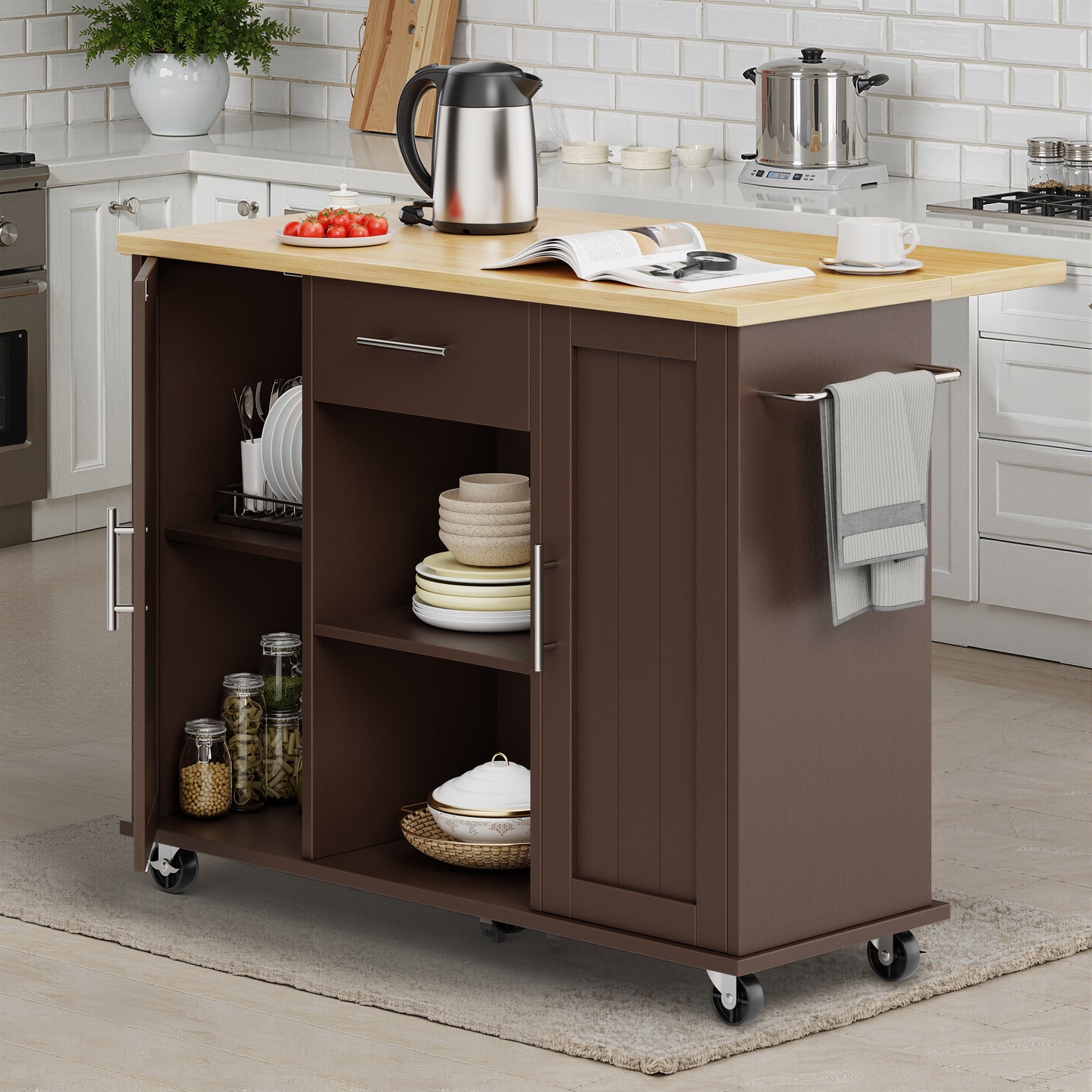 Walsunny Kitchen Islands Carts with Drop Leaf Table 1 Drawer 5 Wheels 2 Magnetic Doors Rolling Storage Cabinet