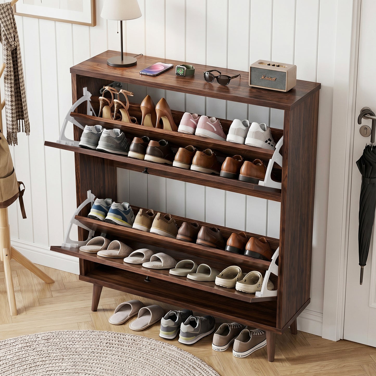 Walsunny Shoe Storage Cabinet with Flip Drawers, Slim Shoe Organizer Cabinet with Adjustable Shelves Wood Shoe Cabinet for Entryway