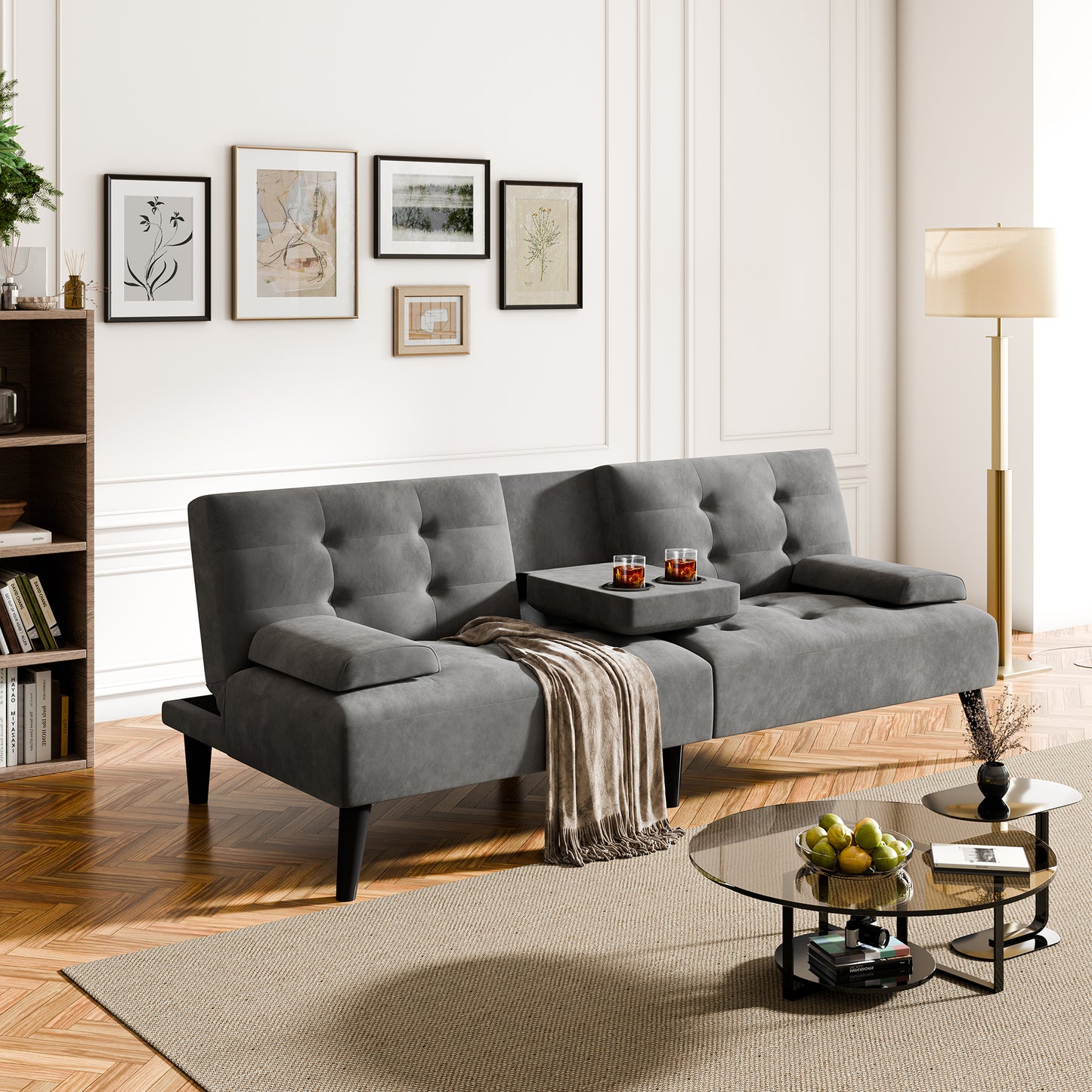 Walsunny Convertible Futon Sofa Bed, Foldable Futon Sleeper Sofa Bed with 2 Cup Holders, Folding Loveseat Recliner with 3-Angle Adjustment Modern Couch for Living Room, Small Space