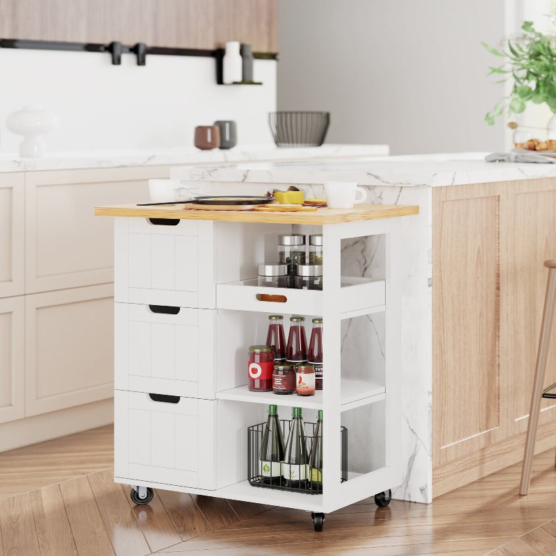 Walsunny 26.57‘’ Rolling Kitchen Island Storage & Bar Cart with Solid Wood Top#color_white
