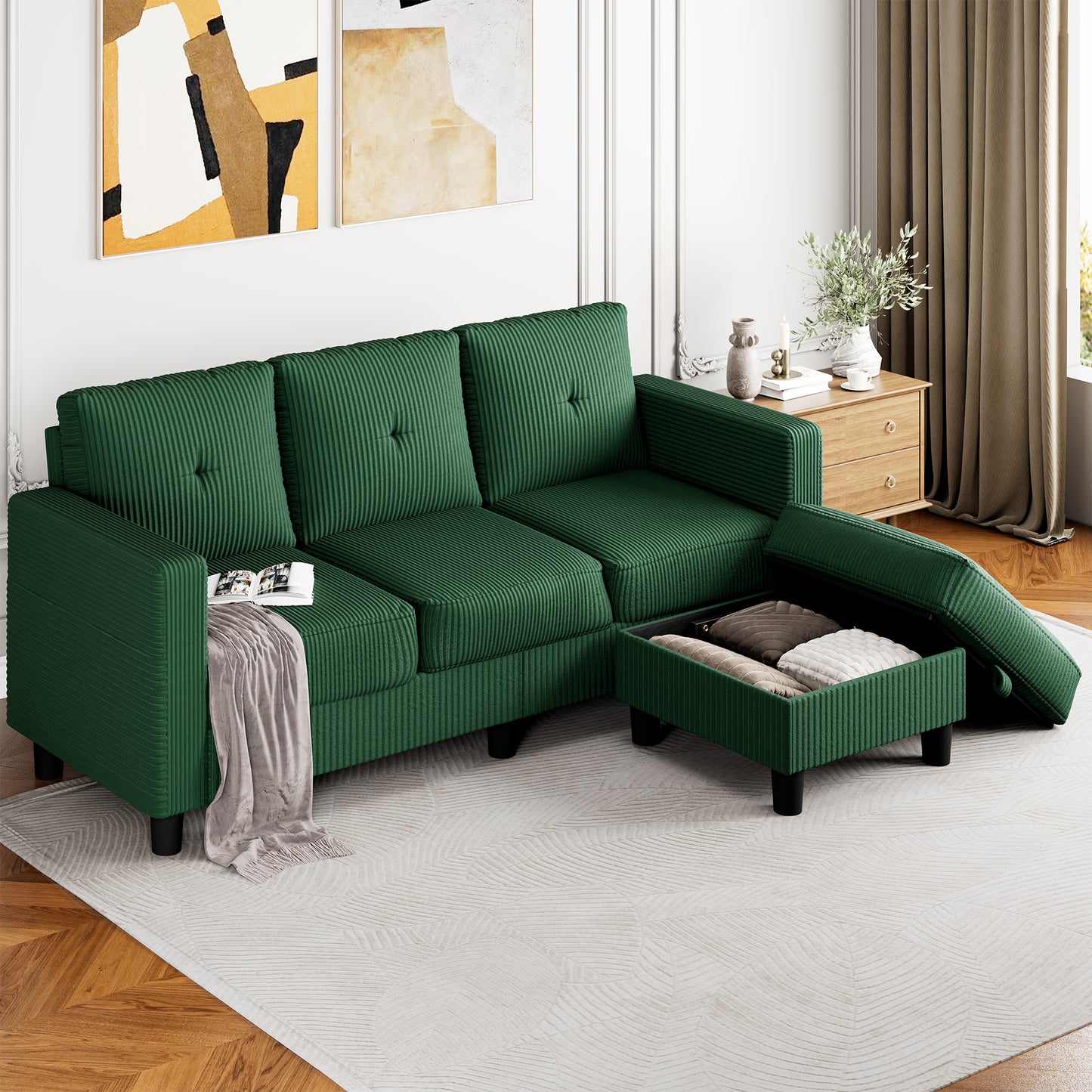 Walsunny 3-Seat L Shaped Modern Sectional Sofa with Storage Ottoman and Side Pockets US80