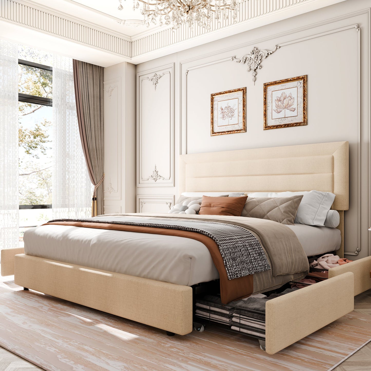 Walsunny Bed Frame with 4 Storage Drawee, Platform Bed with Upholstered Modern Geometric Lines Headboard, Solid Wood Slats Support