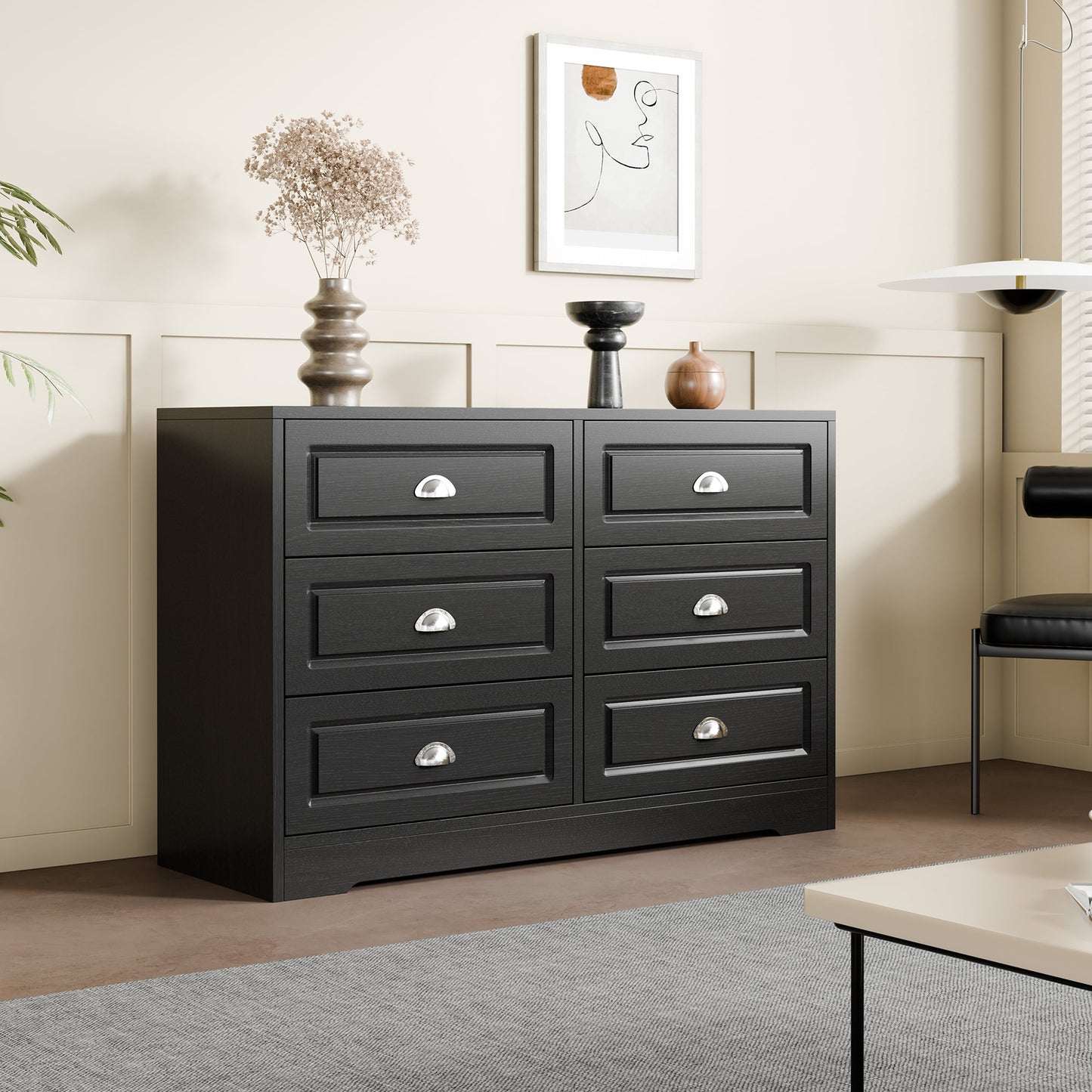 Walsunny 9 Drawer Double Dresser Black Wooden Wide Chest of Drawers with Metal Handles Storage Organizer Dresser Nursery Dresser for Living Room Hallway