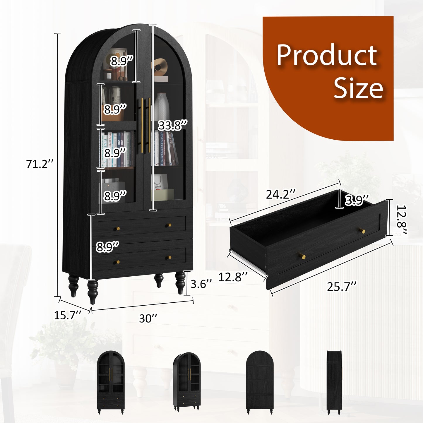 Walsunny 70"Tall Arched Kitchen Pantry,Storage Cabinet with Glass Doors and Adjustable Shelves,Freestanding Kitchen Hutch Cabinet for Dining Room,Living Room,Reading Room