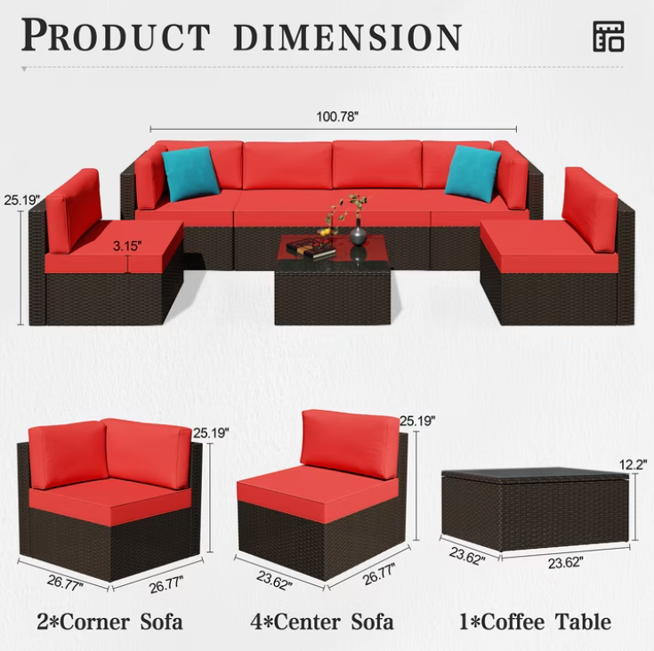 Patio Furniture Set, Walsunny 7 Piece All Weather Outdoor Sectional Sofa, Wicker Patio Conversation Set with Cushions and Tempered Glass Table for Backyard Porch