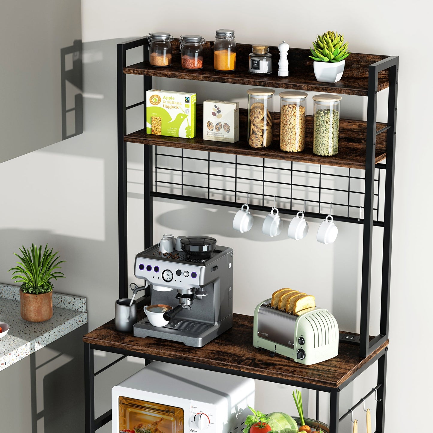 Walsunny Kitchen Bakers Rack with Power Outlet, Coffee Bar Table 3Tiers （Clearance）