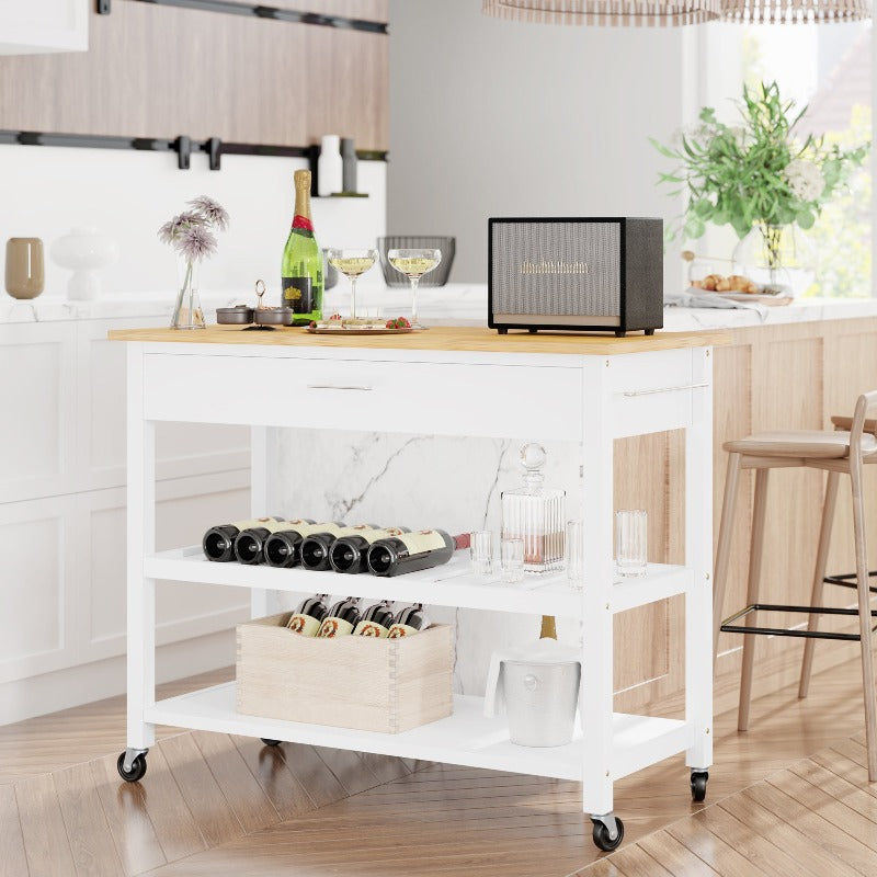 Walsunny 40‘’ Kitchen Island Storage & Bar Cart with Solid Wood Top#color_white