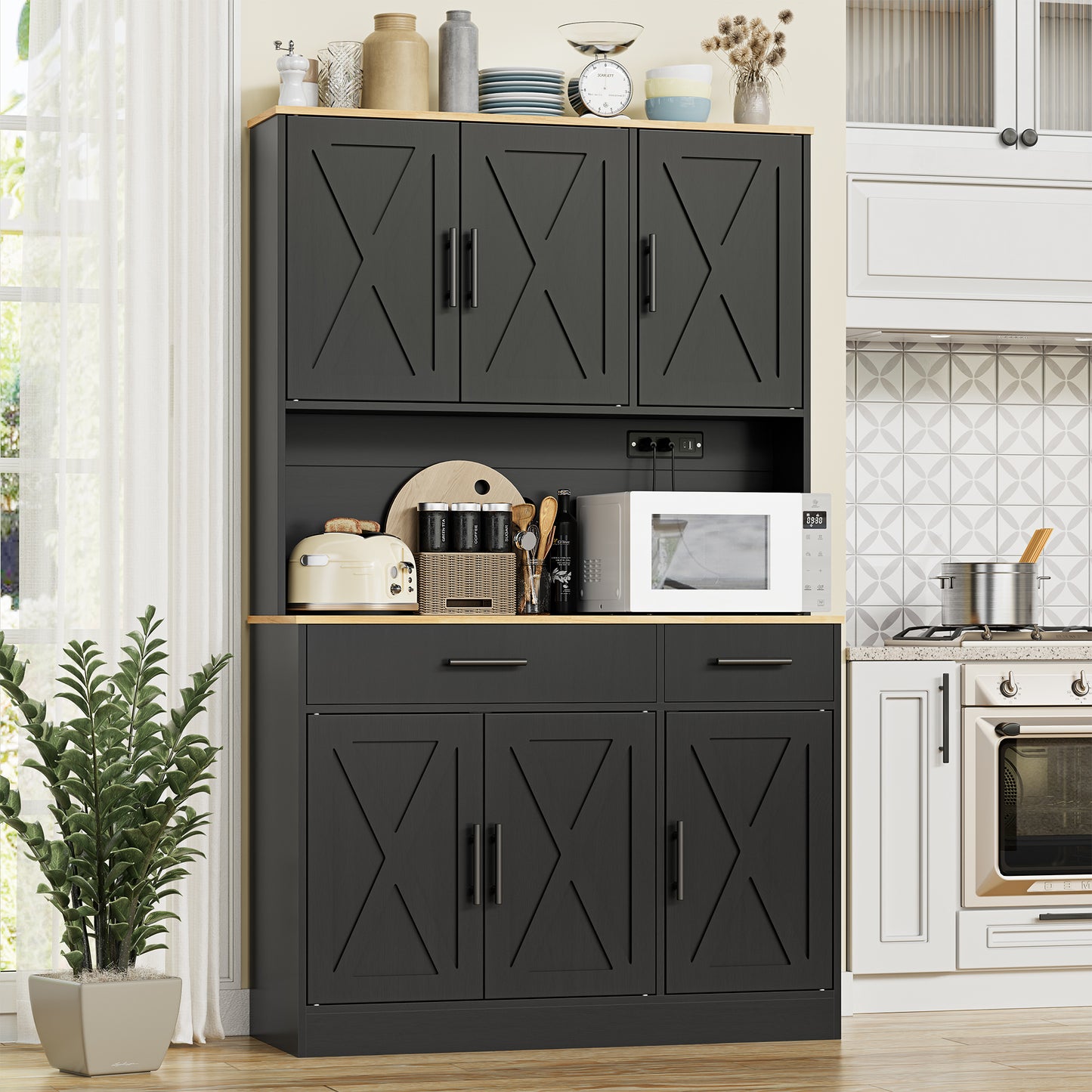 Walsunny 70"Tall Kitchen Pantry,Storage Cabinet with 41"Wide Countertop and Built-in Power Outlet,Freestanding Cupboard with Adjustable Shelves Microwave Stand for Dining Room,Kitchen