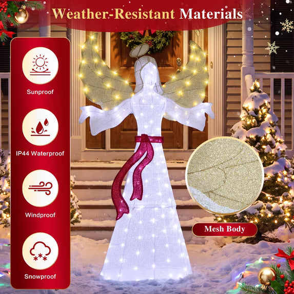 Walsunny 5.5 Ft 3D Pre-Lit Christmas Angel,Outdoor Glittered Angel with Halo Bow Wings Zip Ties Ground Stakes for Garden Villa Ornaments Weddings Parties,150 LED