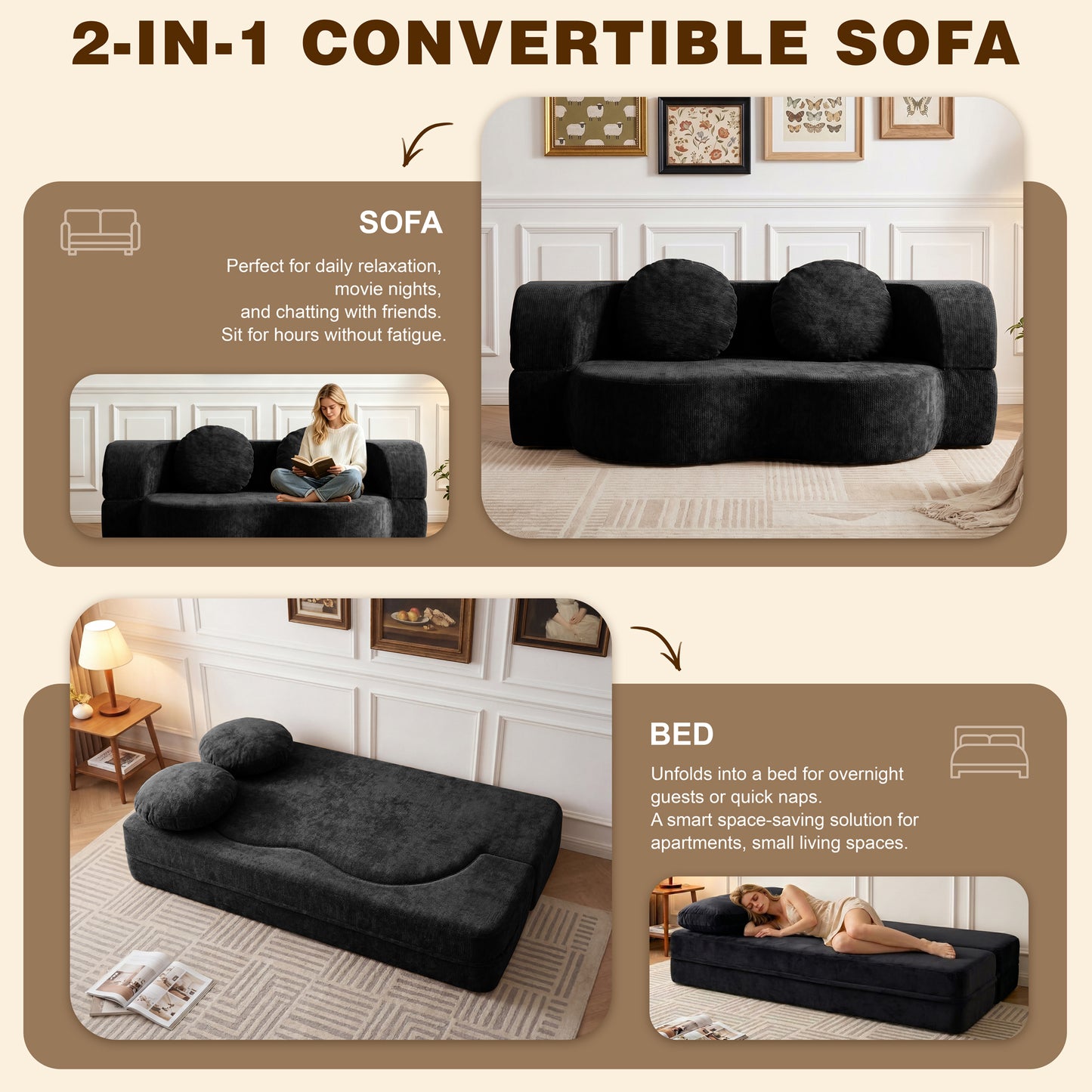 Walsunny 2-in-1 Convertible Futon Sofa Bed, Boneless Foldable Sofa Bed, Lazy Sleeper Sofa Couch, Memory Foam Folding Couch for Living Room, Bedroom