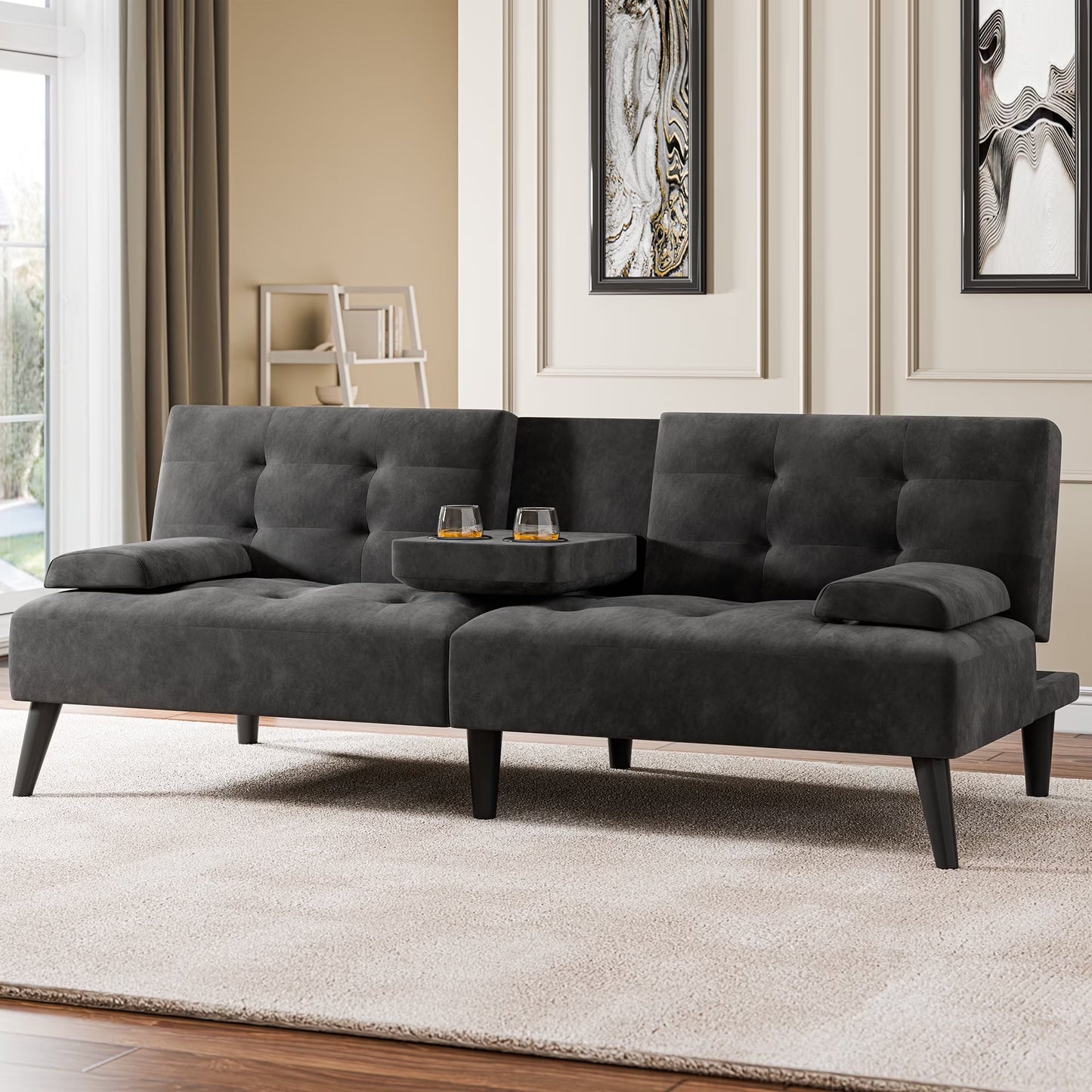 Walsunny 64" Sofa Bed Futon Couches, Folding Loveseat Recliner with 3-Angle Adjustment, Removable Arms 2 Cup Holders for Small Spaces,Gray