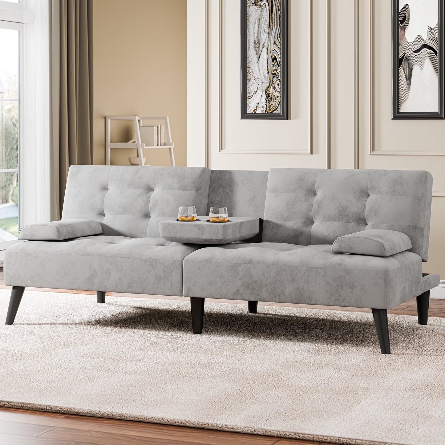 Walsunny 64" Sofa Bed Futon Couches, Folding Loveseat Recliner with 3-Angle Adjustment, Removable Arms 2 Cup Holders for Small Spaces,Gray
