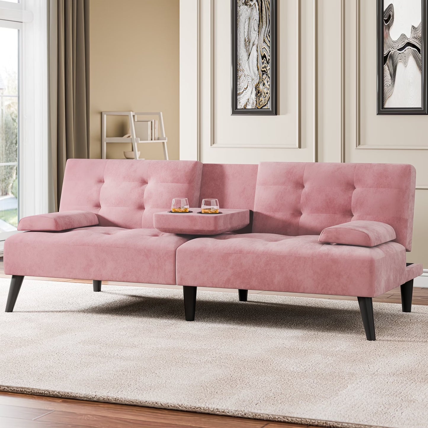 Walsunny 64" Sofa Bed Futon Couches, Folding Loveseat Recliner with 3-Angle Adjustment, Removable Arms 2 Cup Holders for Small Spaces,Gray