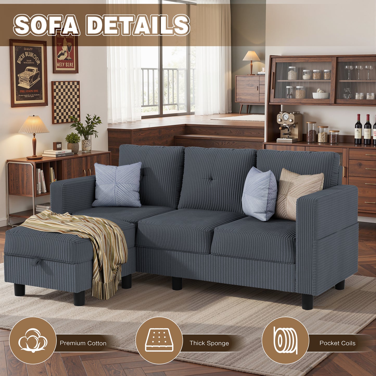 Walsunny Convertible Sectional Sofa Couch, Modern Linen Fabric L-Shaped Couch 3-Seat Sofa Sectional with Reversible Chaise for Small Living Room, Apartment and Small Space